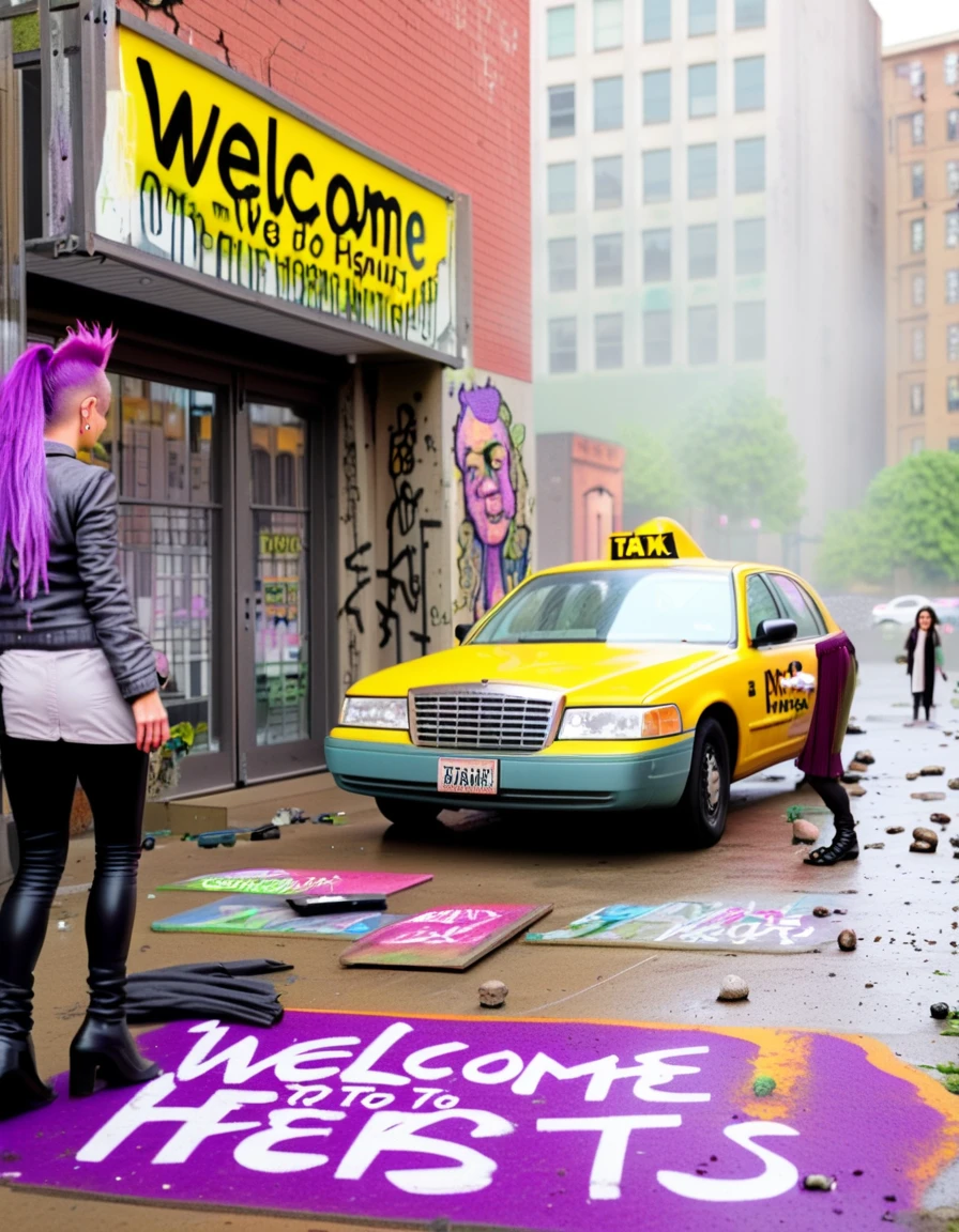 <lora:EverlyHeightsAnthologyXL:1>   A bustling yet decayed city square with dirt-strewn streets and a graffiti-covered sign reading "WELCOME TO EVERLY HEIGHTS, HOME OF THE ARTS." A taxi pulls up, and a woman with a purple faux-hawk steps out, observing the surroundings with disdain.