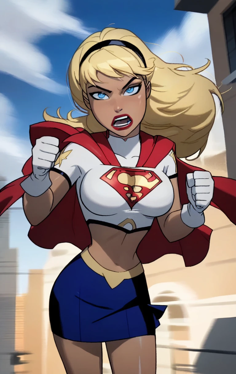 "0" :"Score_9, Score_8_up, Score_7_up,sup3rg1rl, 1girl, solo, open mouth, blue eyes, blonde hair, gloves, hairband, midriff, white gloves, cape, parody, clenched hand, superhero,skirt,((shinny skin,large breast 1:1.4))",



