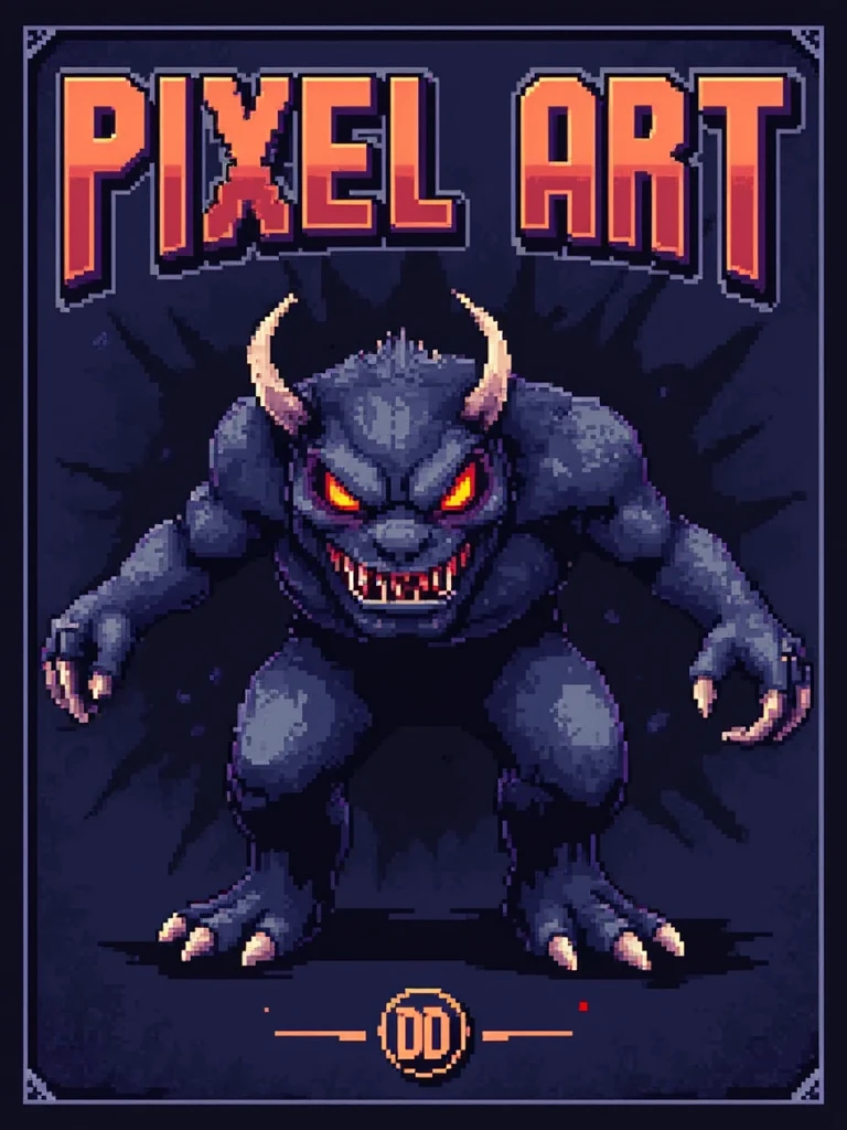 A pixel art poster for marketing. The poster main text reads: "Pixel Art". Under the main text, a small badge text reads: "DD". In the background is an evil monster. Designed by a genius and given to the common folk on the internet.<lora:General Flux\darkdescent-pixel-art.safetensors:0.9:1.0>