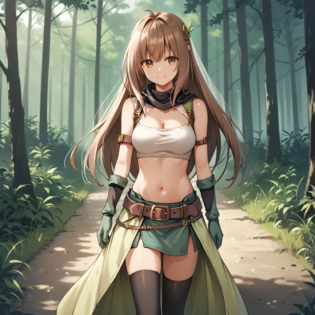 score_9, score_8_up, score_7_up, score_6_up, source_anime, Expressiveh,  
 <lora:Soma_Sennen_Sensou_Aigis:0.8>, Def_Soma, Brown Hair, Long Hair, Brown Eyes,  White Top, Cleavage, Black Scarf, Gloves, Green Skirt, thighhighs, belt, Midriff, navel,
walking, forest, bride, smile,