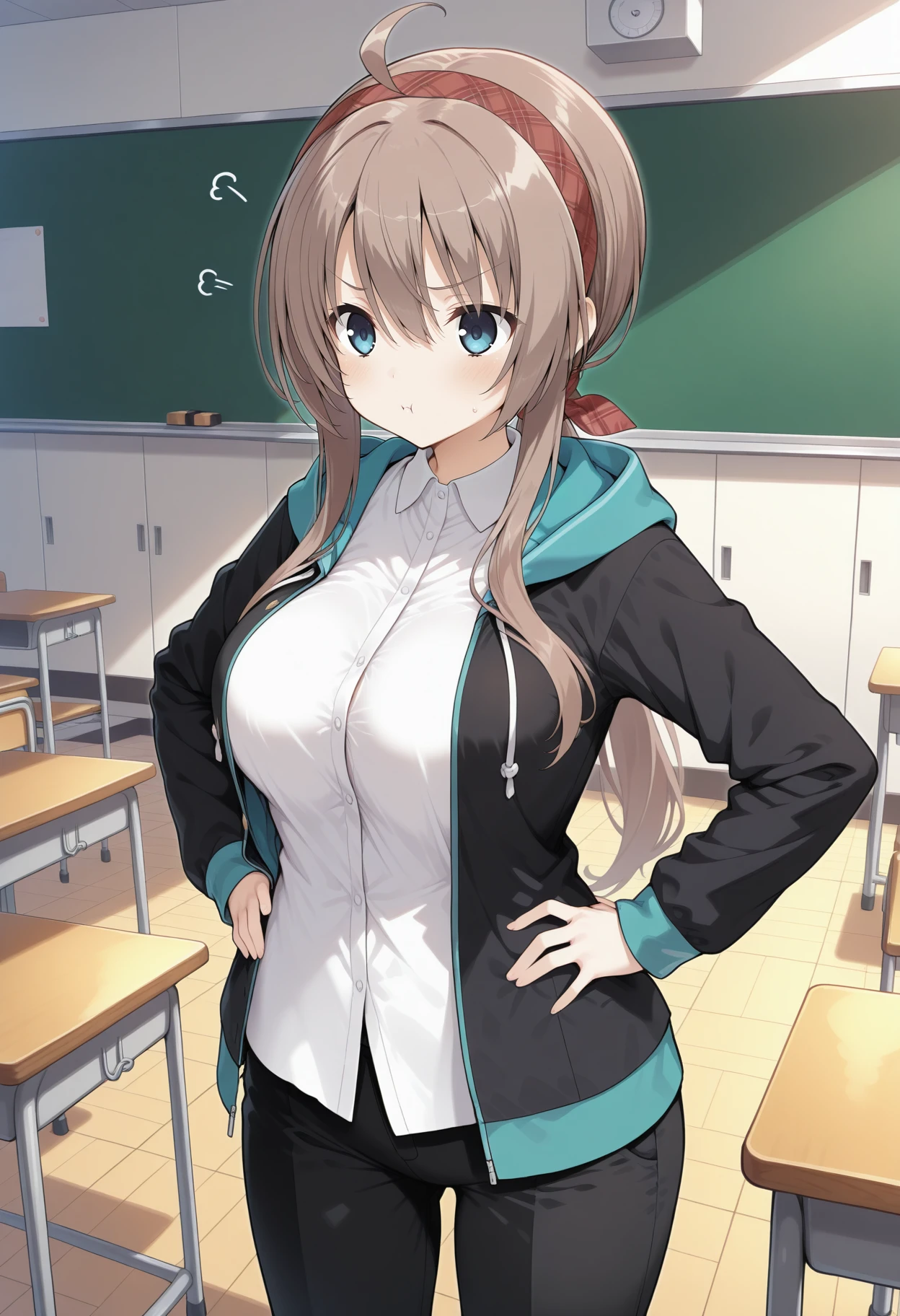 1girl, aatsumugi, long hair, brown hair, low ponytail, ahoge, plaid hairband, red hairband, blue eyes, breasts, school uniform, white shirt, hooded jacket, black jacket, open jacket, long sleeves, black pants, <lora:shiiba_tsumugi_ilxl_v1:0.9>, standing, cowboy shot, hands on own hips, indoors, classroom, pout,
masterpiece, best quality, amazing quality,