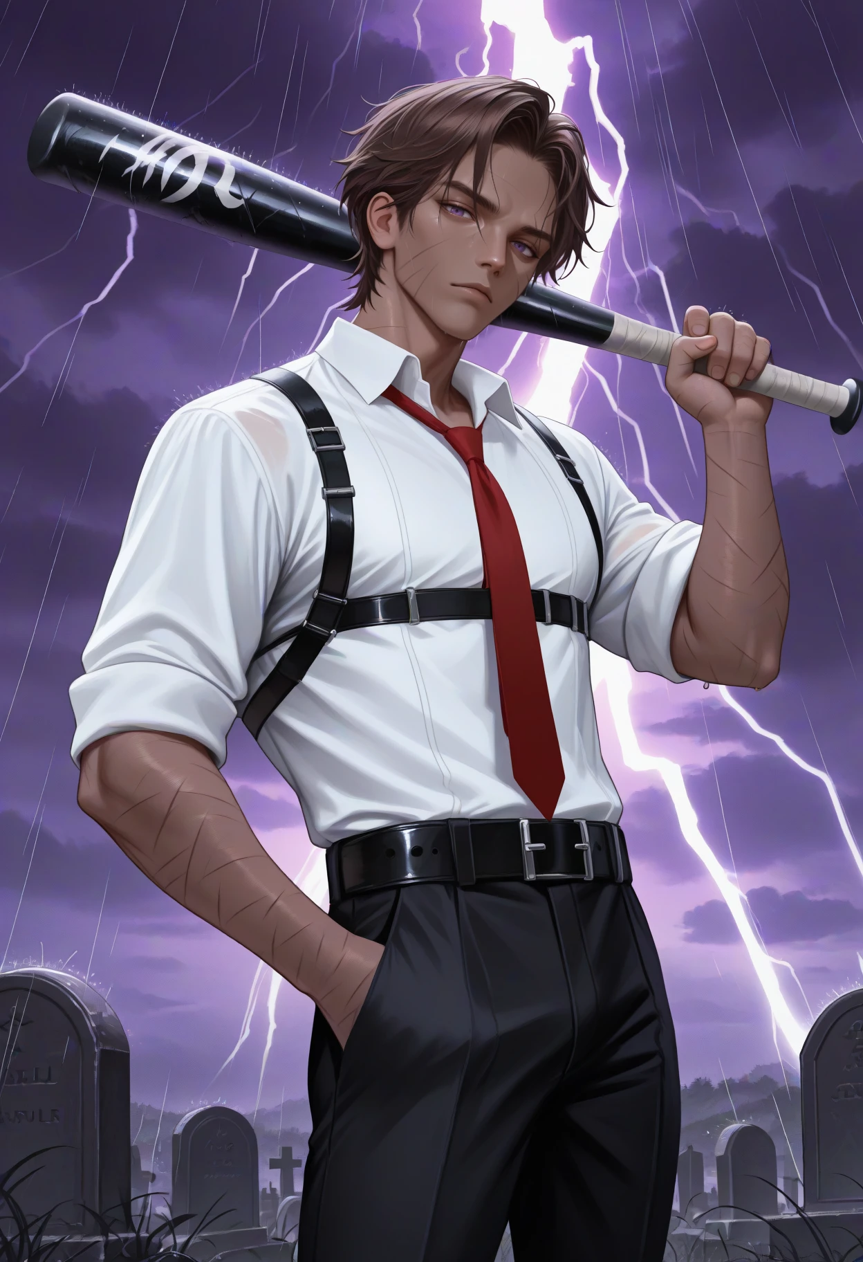 masterpiece, best quality, realistic, male focus, solo, 1boy, htclf, dark-skinned male, scar on face, scar on cheek, scar on arm, scar on hand, expressionless, looking at viewer, standing, holding baseball bat, weapon over shoulder, hand in pocket, short hair, brown hair, purple eyes, white shirt, collared shirt, chest harness, red necktie, sleeves rolled up, black pants, black belt, outdoors, purple sky, cloud, storm, rain, lightning, graveyard
<segment:yolo-Anzhc Face seg 640 v2 y8n.pt,0.4,0.5//cid=1>