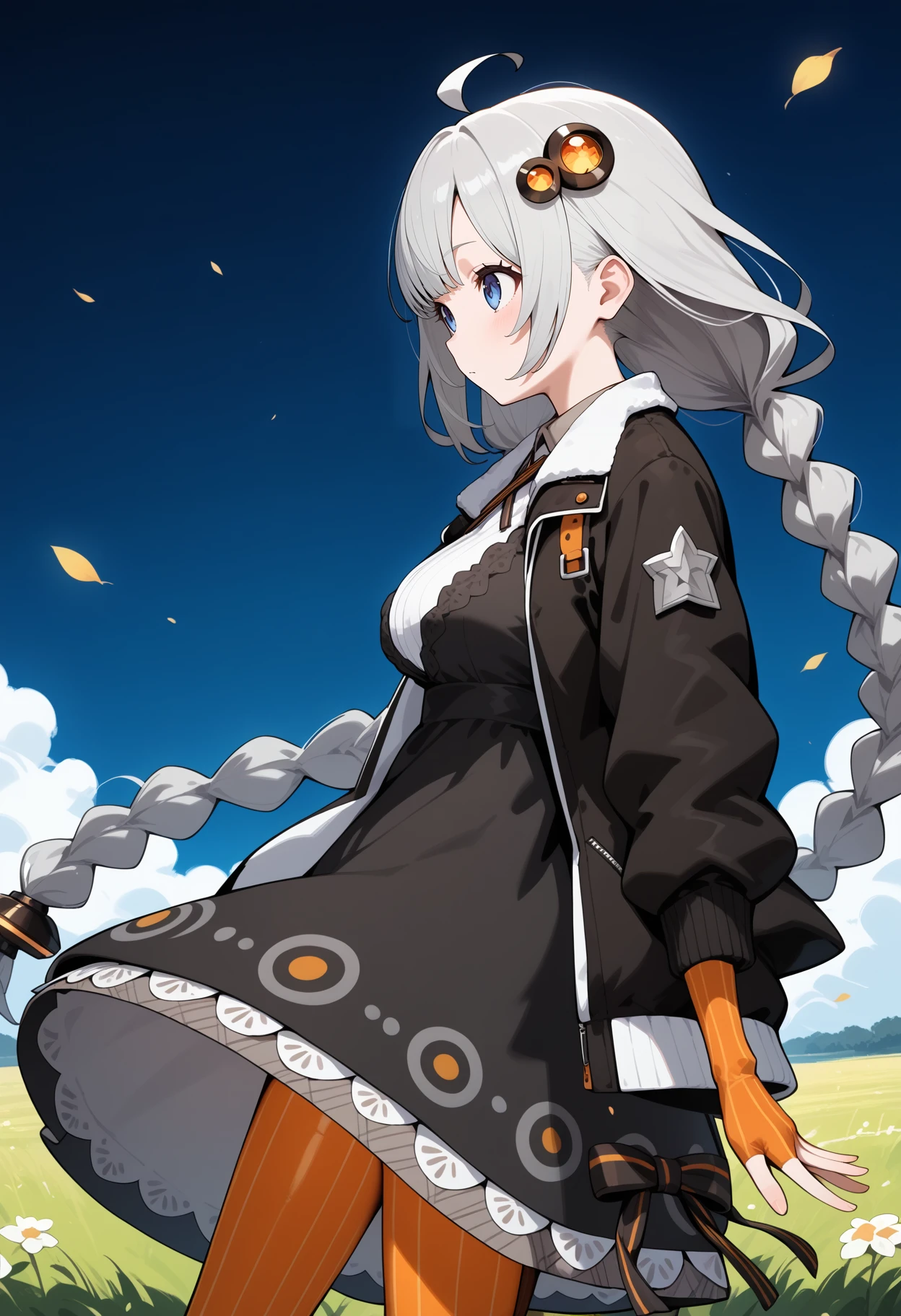 score_9, score_8_up, score_7_up, score_6_up, score_5_up, score_4_up, source_anime, aaakari, long hair, grey hair, twin braids, ahoge, hair ornament, blue eyes, breasts, black dress, black jacket, open jacket, long sleeves, fingerless gloves, orange gloves, striped pantyhose, orange pantyhose,  <lora:kizuna_akari_ponyxl_v1:0.9>, from side, wind, field, looking at another, standing, cowboy shot, solo