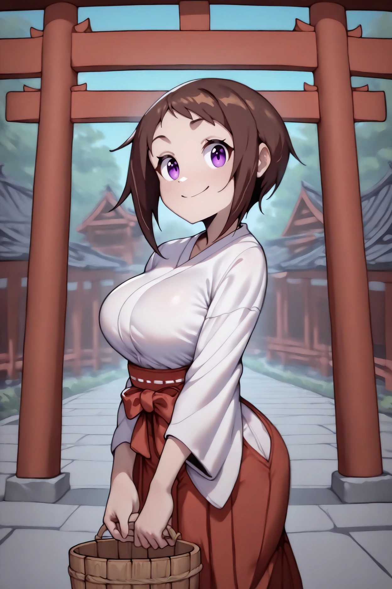 masterpiece, best quality, 1girl, solo,  <lora:wakanaui-illu-nvwls-v1:1> w4kanaui, brown hair, short hair, purple eyes, large breasts, white kimono, red hakama skirt, miko, smile, torii, latest, new, absurdres, holding wooden bucket, looking at viewer, smile, japanese architecture