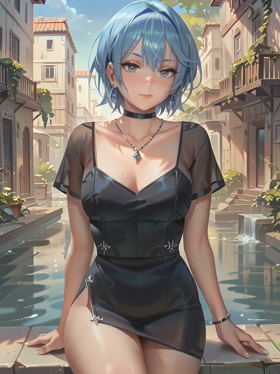 unfairr, score_9, score_8_up, score_7_up,best quality, grey eyes,earrings, blue hair, short sleeves,black choker,, necklace,posing, sexy dress, wide hips,
 <lora:Unfairr_PonyXL_Style:1>