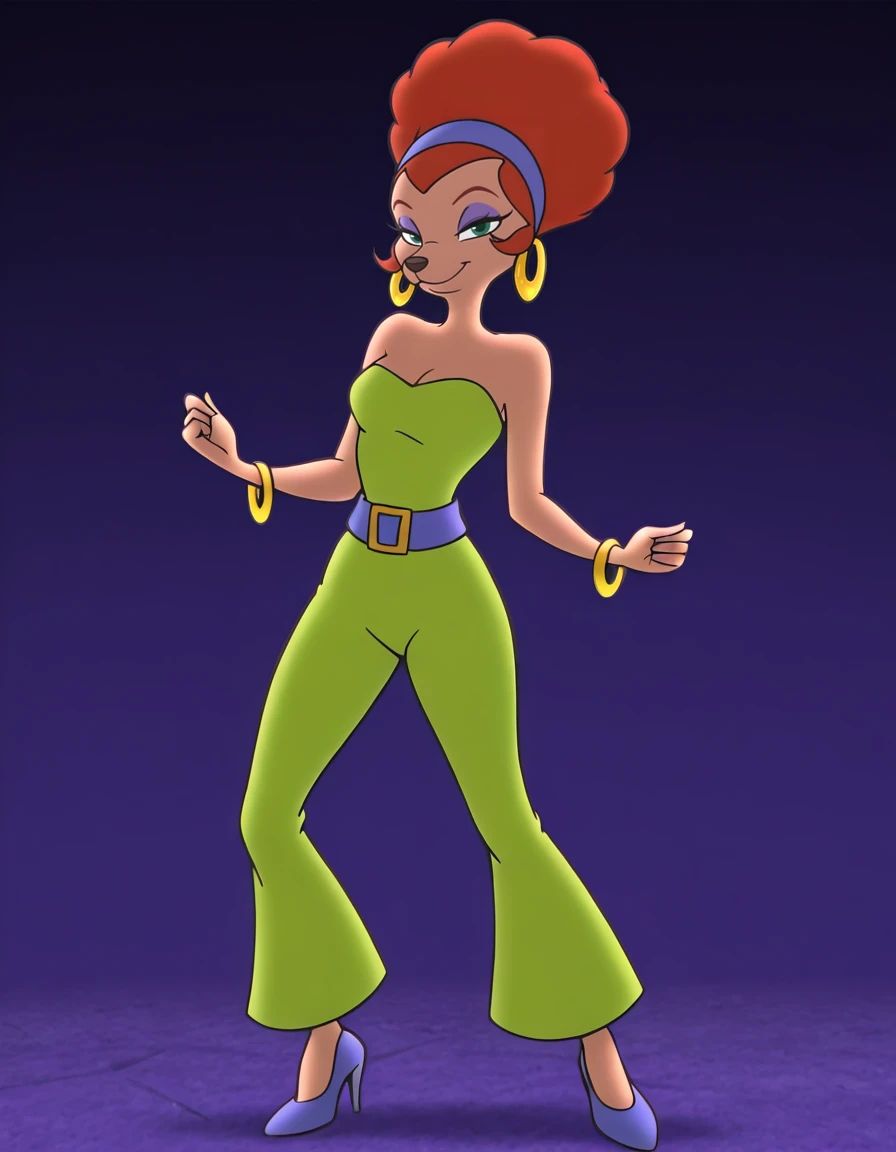 <lora:SylviaMarpoleIllustrious1.0JLFO:1> Sylvia, 1girl, purple belt, solo, jewelry, breasts, hoop earrings,purple high heels, bare shoulders, half-closed eyes, orange hair, hairband, green eyes, cleavage, green pants, strapless, smile, makeup, furry female, purple hairband, eyeshadow, bangle, pants, full body, standing, afro looking at viewer,  ,simple background,