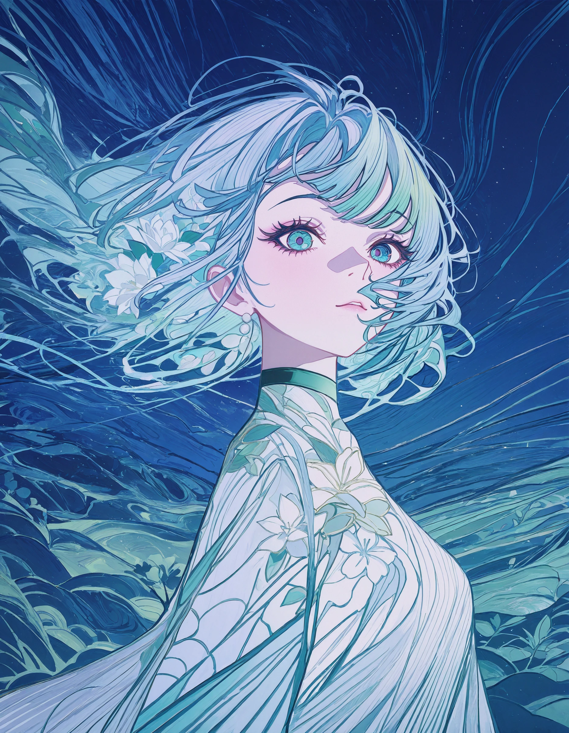 best_quality,masterpiece,   <lora:kafka02_illu:1>,kafka02_illu,john kafka, Ethereal anime portrait, vibrant blue and green color palette, flowing floral elements, intricate botanical details, surreal nature fusion, dreamlike atmosphere, delicate linework, abstract organic shapes, whimsical fantasy art, digital painting style, dynamic composition, vivid contrasts, ethereal beauty, introspective mood, artistic expression