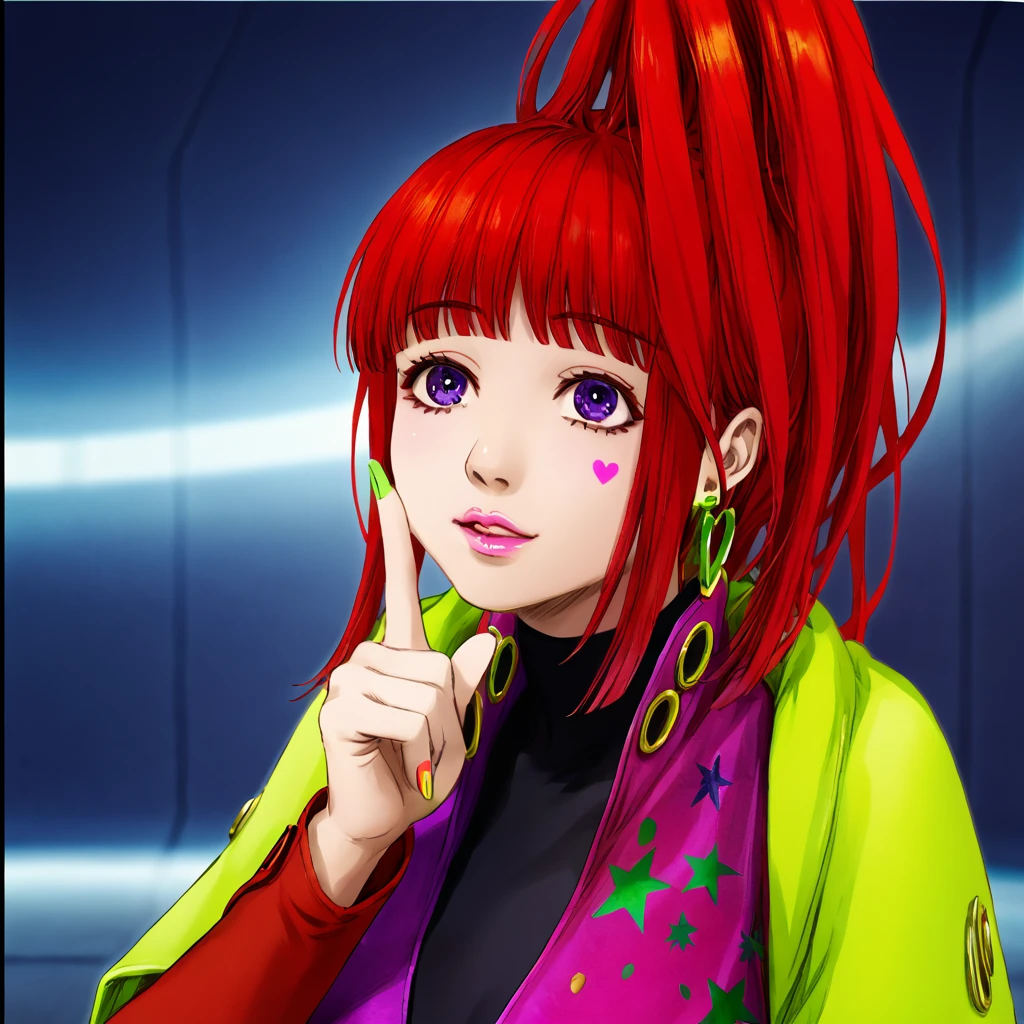 1girl, illustration, ((best quality)), ((masterpiece)), (detailed), sq, red hair,, black turtleneck, jewelry,, neon pink bodysuit,, earrings,, makeup,, turtleneck,, jacket,, red right glove,, yellow left glove,, purple eyes,, neon pink dress,, heart,, neon green jacket,, blunt bangs,, large breasts,, facial mark, smile, adjusting hair, extremely detailed CG unity 8k wallpaper, huge filesize, ultra-detailed, highres, <lora:SQ:0.7>, masterpiece, best quality, highres, 4k, ultra-detailed, beautiful detailed face, beautiful detailed eyes