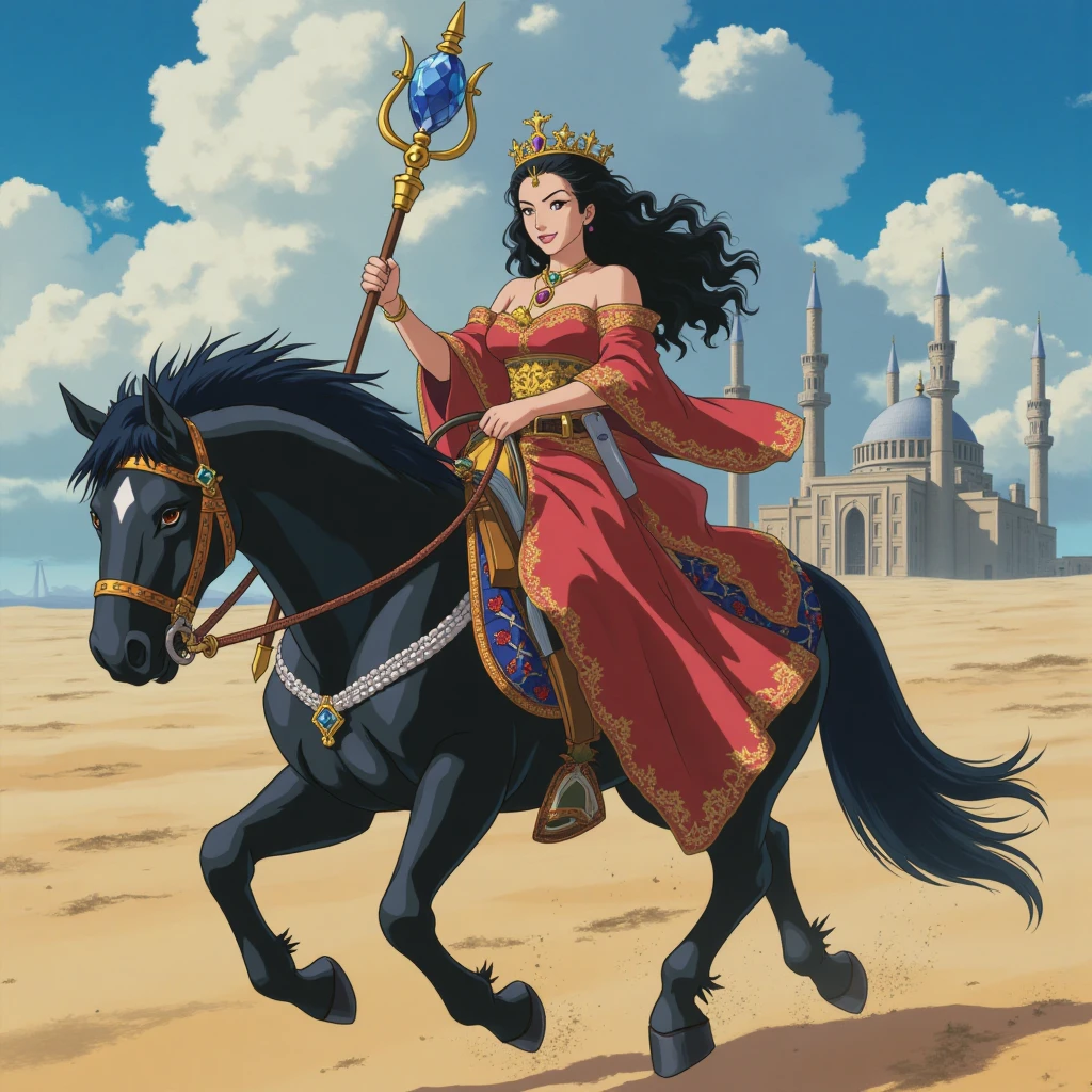  In the heart of a vast, sandy desert, under an expansive sky filled with fluffy clouds that cast dramatic shadows, an Arab princess sits proudly astride a magnificent black steed. The horse is a powerful stallion, its glossy coat shimmering like onyx in the dappled sunlight, muscles rippling beneath the skin as it paces restlessly, eager to run. Its mane and tail are long and flowing, as black as a moonless night, adorned with intricate silver trimmings that catch the light and glint like stars. A regal saddle, crafted from polished dark wood and richly embroidered fabric in hues of deep red, gold, and sapphire blue, sits securely on its back.

The princess is dressed in a flowing gown of luxurious fabrics—silk and velvet—in the same vibrant colors as her horse’s saddle. Her attire is adorned with delicate gold embroidery that shimmers under the sun, depicting intricate patterns inspired by ancient Arabic designs. A wide, golden belt encircles her waist, from which hangs a dagger with an ornate handle set with precious gems. Around her neck, she wears a jeweled pendant that catches the light and casts prismatic reflections on her high-collared gown. Her hair is a cascade of dark curls, adorned with a gold tiara that sparkles with rubies and pearls, accentuating her regal bearing.

She holds the reins expertly in one hand, while the other grasps a golden staff topped with a brilliant sapphire crystal that seems to glow with an inner light. Her eyes are fierce and determined, framed by long lashes, as she scans the horizon, ready for whatever adventure or challenge lies ahead. Behind her, the silhouette of a grand palace can be seen in the distance, its towering minarets reaching towards the heavens, adding to the sense of majesty and power that surrounds this remarkable scene.