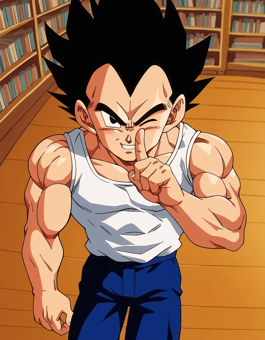 score_9, score_8_up, score_7_up, source_anime, <lora:vegeta-anime-ponyxl-lora-nochekaiser:1>, vegeta, black hair, male focus, black eyes, muscular, muscular male, spiked hair, retro artstyle, anime screencap, tank top, pants,, clubroom, posters, meeting table, decorations, student council, smile, <lora:shushing-ponyxl-lora-nochekaiser:1>, shushing, finger to mouth, index finger raised, from above, library, smile, blush, one eye closed, dutch angle,, looking at viewer, solo,, dutch angle, cowboy shot