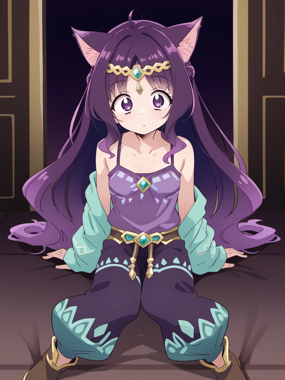 hrgm, lineart, harem pants, cat ears, sitting, wide-eyed, gradient hair, purple eyes, very long hair, camisole, closeup, looking at viewer, sweater, boots,
<lora:HRGM_PonyXL_Style:1>