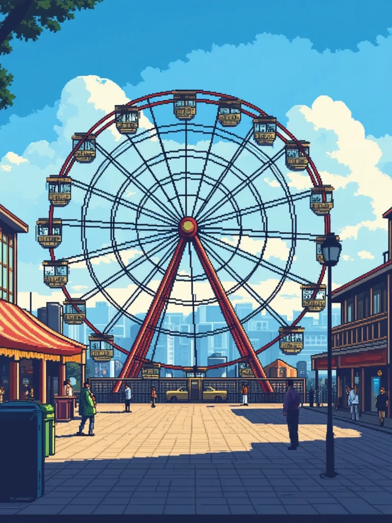 A pixel art illustration of ferris wheel at the carnival<lora:General Flux\pixel-art-rooms.safetensors:0.9:1.0>