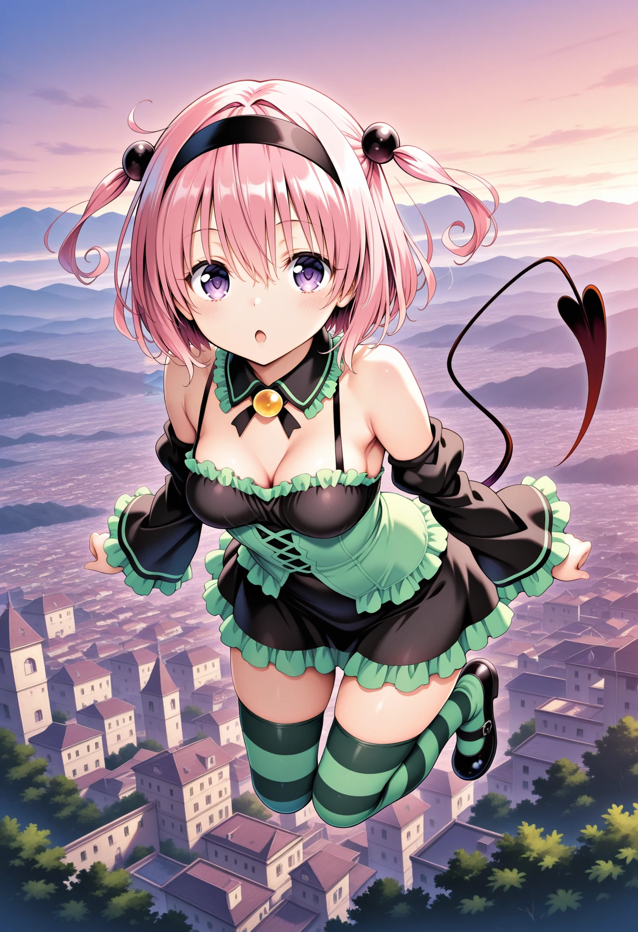 1girl, aamomo, short hair, pink hair, two side up, black hairband, purple eyes, medium breasts, demon tail, detached collar, bare shoulders, frills, black dress, green shirt, detached sleeves, striped thighhighs, <lora:momo_velia_deviluke_ilxl_v1:0.9>, flying, sky, :o, black footwear, mary janes, full body,
masterpiece, best quality, amazing quality,