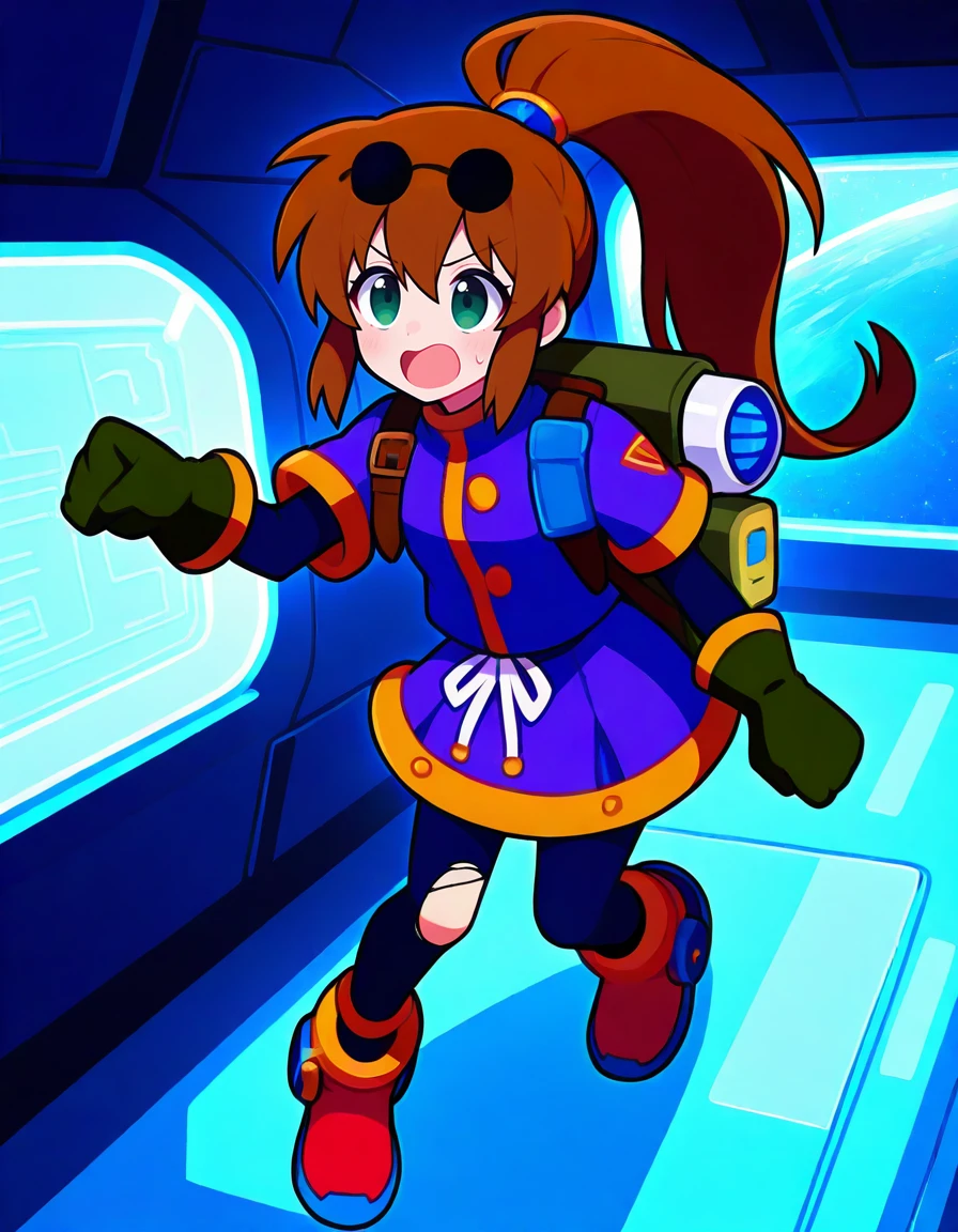 <lora:so2precis_SDXL_Illustrious_fp16_ver01:1>,so2precis,brown hair,  ponytail,blue dress,skirt,pantyhose,green eyes, gloves,eyewear on head,torn pantyhose,footwear, in spacecraft,spacecraft interior,newest,open mouth,<lora:HairintakesEraser_v01_illustrious_10steps:2>,, masterpiece, best quality, very aesthetic, absurdres,<lora:detailed_hands:1>,hand