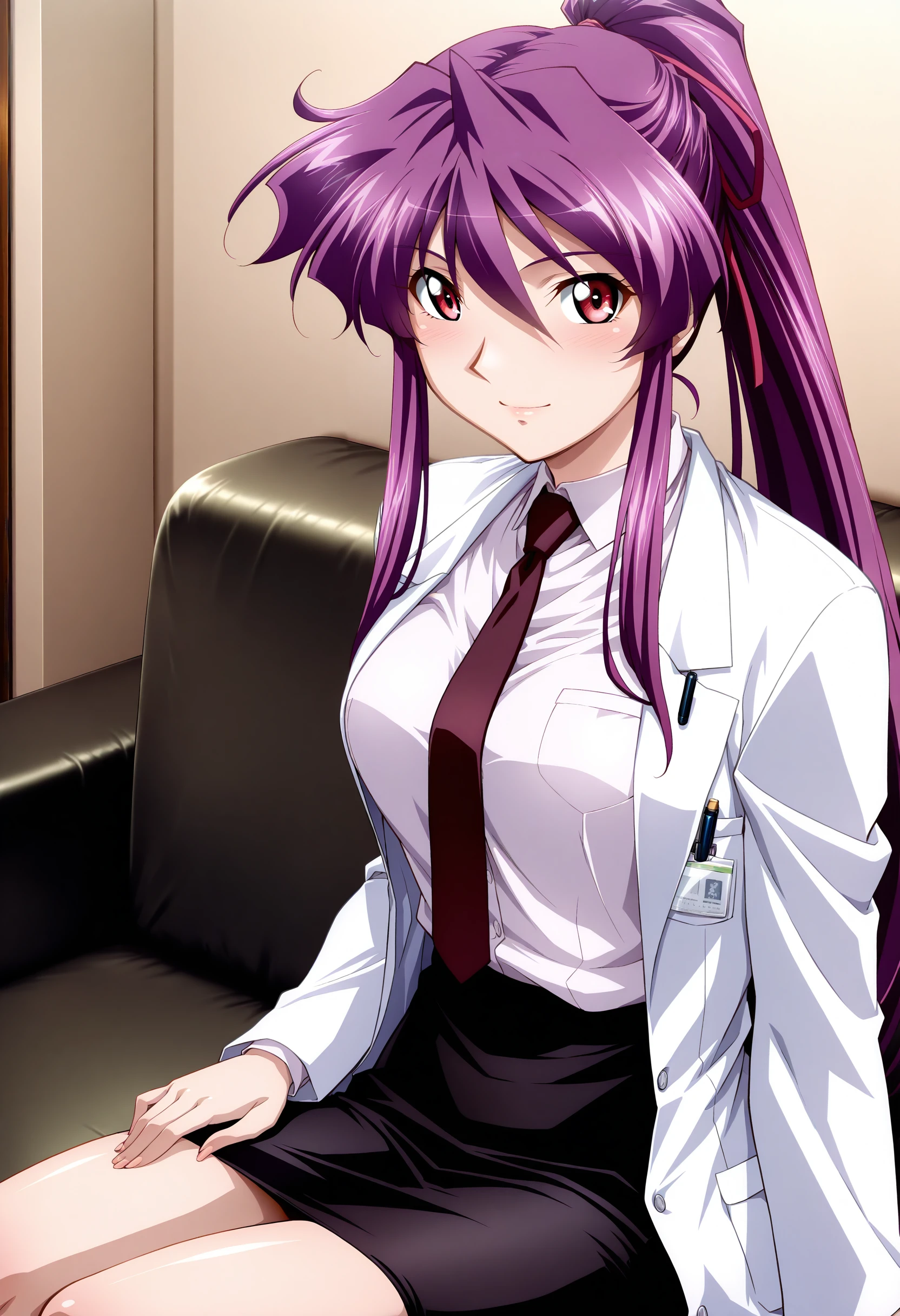 masterpiece,best quality,  innaikaji, 1girl, solo,high ponytail, long hair, purple hair, hair ribbon, red eyes, lab coat, dress shirt, white shirt, necktie, pencil skirt, black skirt, long sleeves, medium breasts,blush, light smile, closed mouth, sitting, looking at viewer,  couch, office room,  <lora:innaikaji_2_IL-000007:0.95>