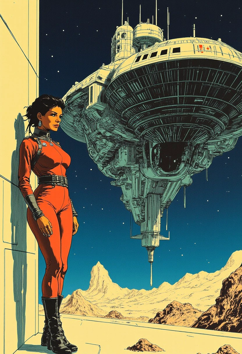 Illustration of a female starship engineer leaning against a wall, landed starship with massive mechanical landing gear standing behind her, starport docking bay