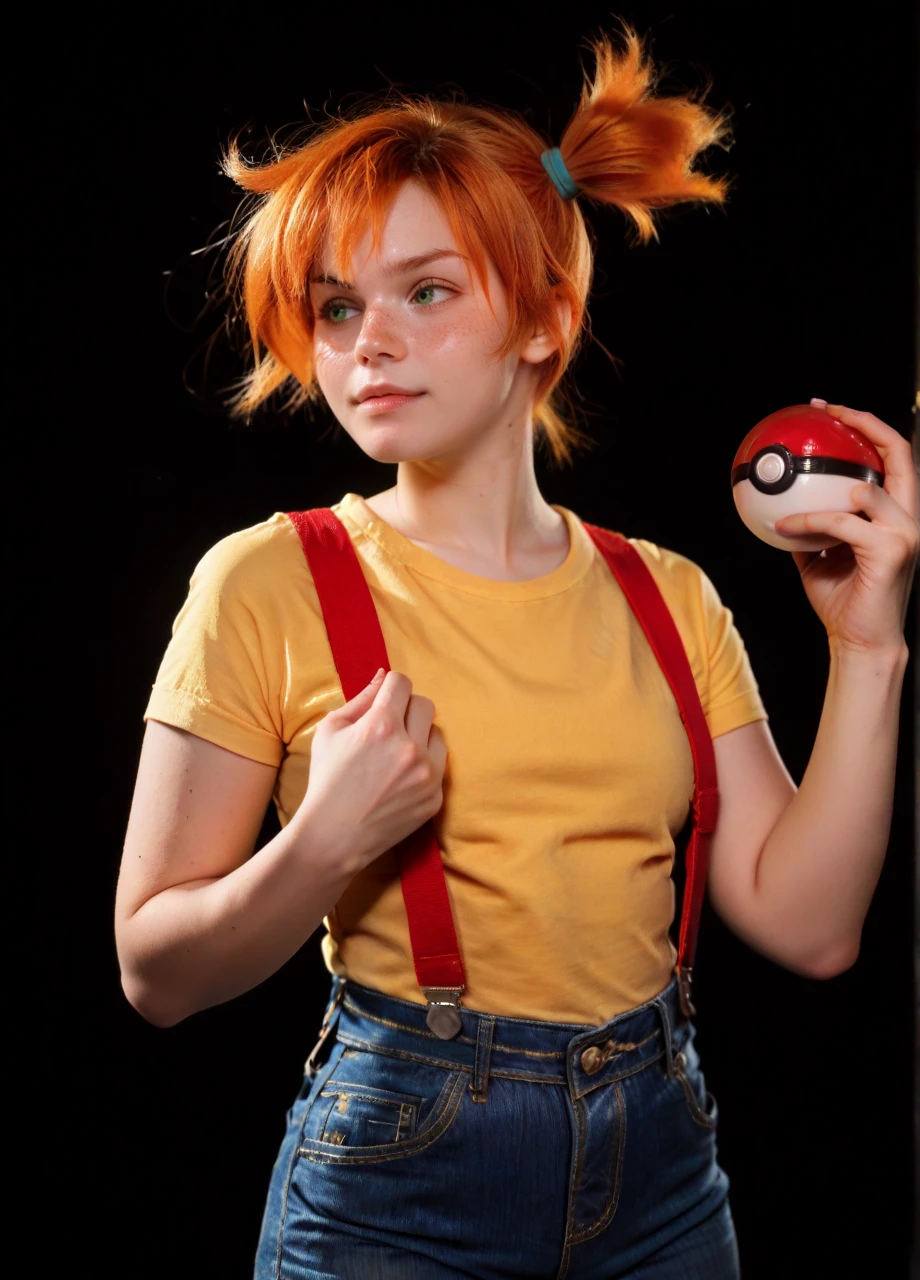 <lora:Cosplay_Neyrodesu-PONY:0.8> neyrodesucos, 1girl, orange hair, side ponytail, short hair, freckles, green eyes, red suspenders, yellow shirt, denim, misty (pokemon), holding poke ball, cowboy shot, black background, photo, score_8_up, score_7_up, score_6_up, score_5_up, score_4_up,