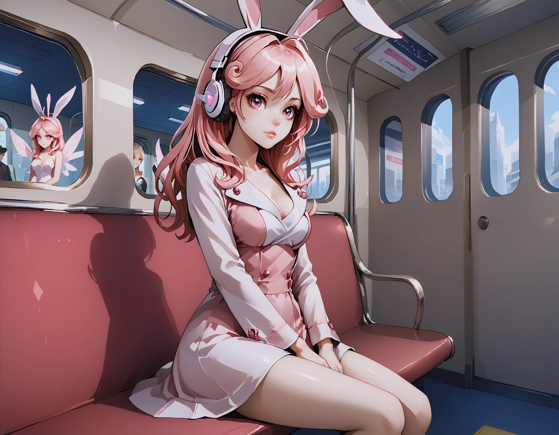 masterpiece, best quality, newest, absurdres, highres, 
injection_fairy_lily, 1girl, subway, listening_to_music, bunny_headphones, pink eyes, sitting_on_bench, leather_suit,