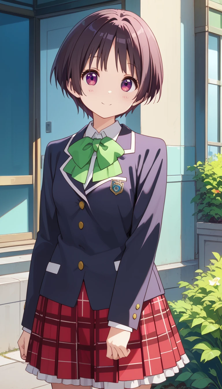 Anime girl in a school uniform standing in front of a building - SeaArt AI