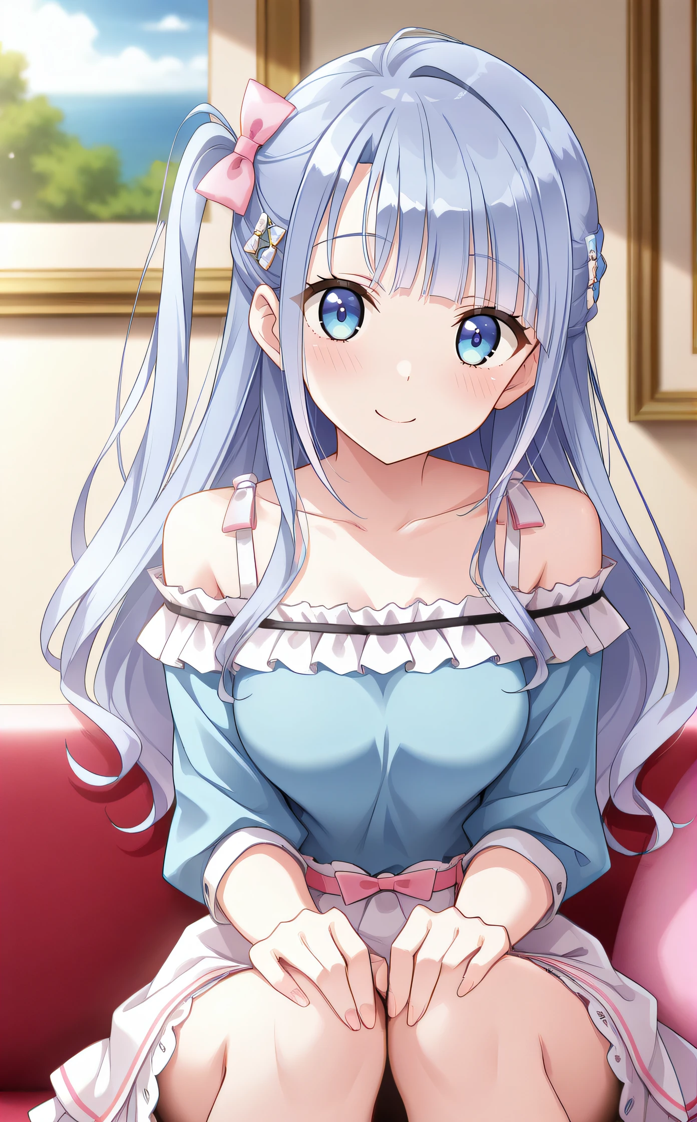 masterpiece, best quality, extremely detailed, (illustration, official art:1.1), 1 girl ,(((( light blue long hair)))), ,(((( light blue long hair)))),light blue hair, , long hair ((blush)) , cute face, big eyes, masterpiece, best quality,(((((a very delicate and beautiful girl))))),Amazing,beautiful detailed eyes,blunt bangs((((little delicate girl)))),tareme(true beautiful:1.2), sense of depth,dynamic angle,,,, affectionate smile, (true beautiful:1.2),,(tiny 1girl model:1.2),)(flat chest),absurderes, ultra-detailliert,bright colour,view straight on, ;D, ,Delicate beautiful face, red blush、Blue eyes, smile,happy girl, she is sitting in a chair,facing the mirror,
A girl with an eye outside. Hairstyle comb、
