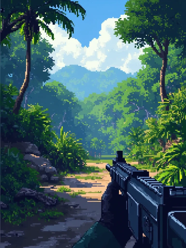 A pixel art illustration of FPS game, a gun in hands, first person view, a beautiful jungle terrain<lora:General Flux\pixel-art-rooms.safetensors:0.9:1.0>