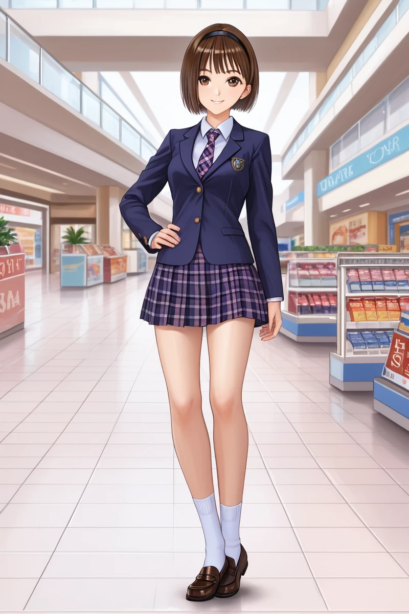 1girl, solo, looking at viewer, short hair, skirt, shopping mall, mall background, center of attention,  brown hair, white background, brown eyes, school uniform, standing, jacket, full body, pleated skirt, hairband, necktie, shoes, socks, hand on hip, plaid, plaid skirt, bob cut, blazer, white socks, loafers,  Hoshizaki Ao, school uniform outfit,<lora:Hoshizaki_Ao_Blue_Reflection_Pony:0.95>,  sexy pose, sexy smile,