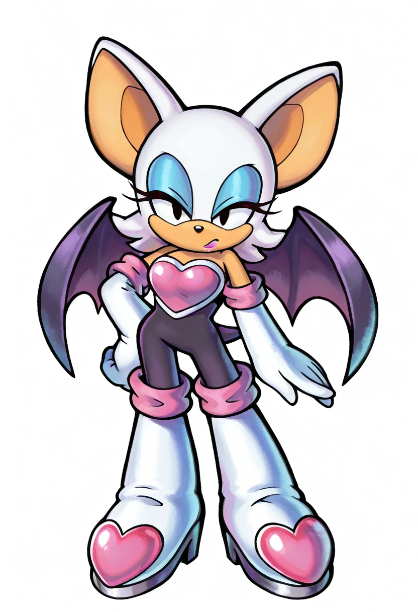 <lora:MarioLuigiStyle-IllusXL:1.1> masterpiece, absurdres, highres, 4k, watercolor, official art, 1girl, rouge the bat, sonic \(series\), black eyes, furry, furry female, bat wings, makeup, blue eyeshadow, solo, black bodysuit, elbow gloves, white gloves, white footwear, standing, looking at viewer, full body, transparent background, white background