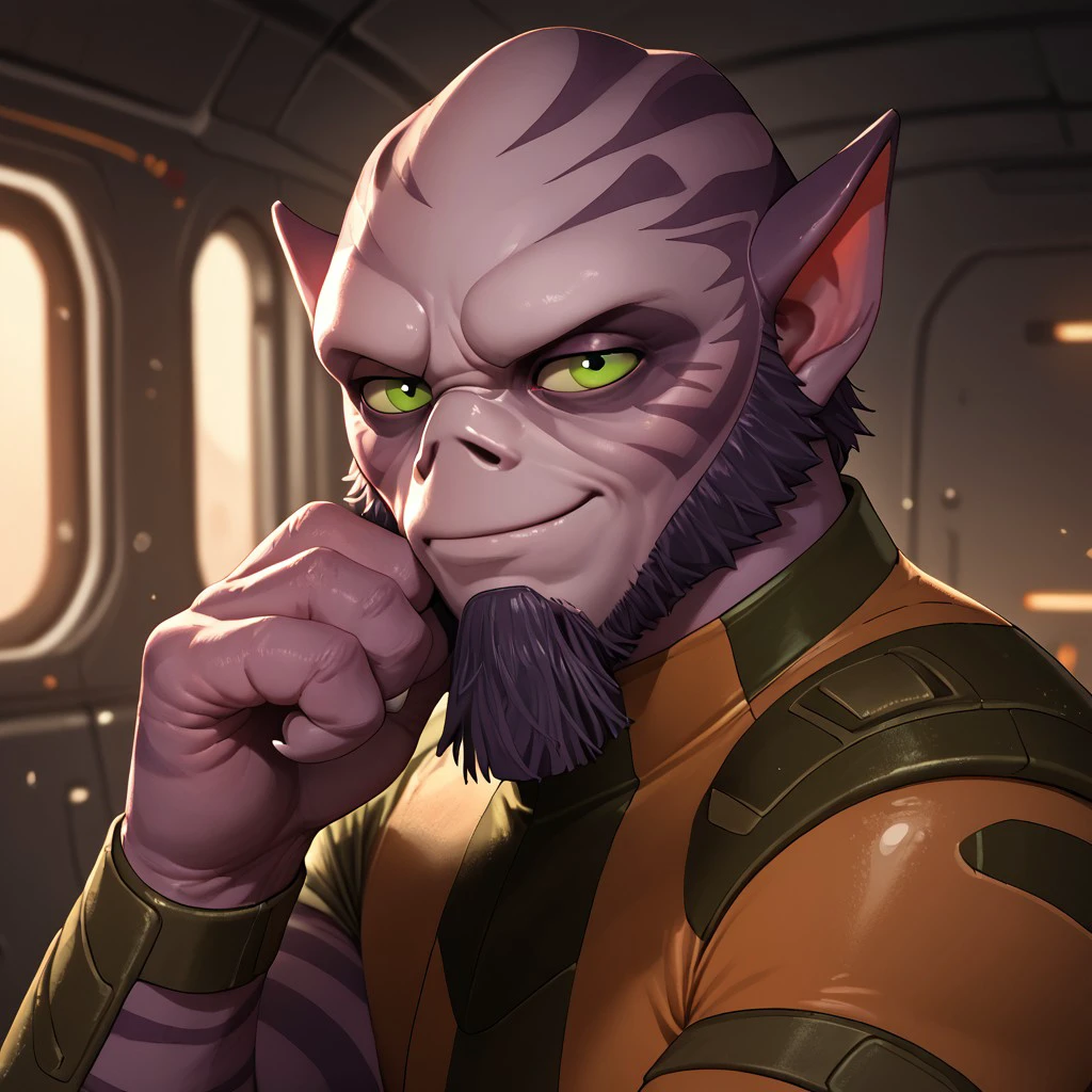 score_9, score_8_up, score_7_up, score_6_up, solo, 1boy, Zeb, rebel outfit, bara, green eyes,