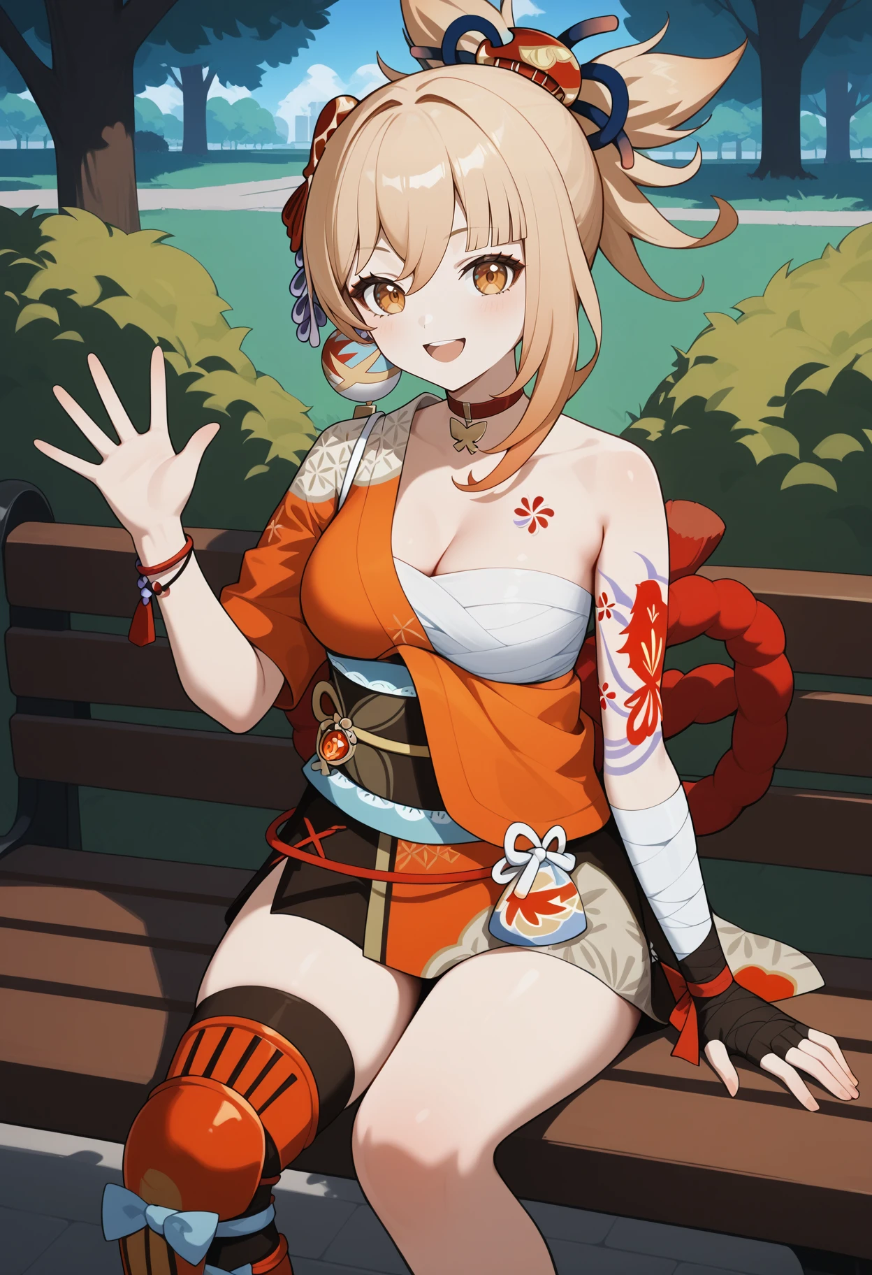 score_9, score_8_up, score_7_up, score_6_up, score_5_up, score_4_up, source_anime, aayoimiya, blonde hair, ponytail, hair ornament, orange eyes, breasts, tattoo, red choker, single bare shoulder, orange kimono, bandaged chest, bandaged arm, bracelet, single glove, fingerless gloves, black gloves, obi, rope, leg armor, single thighhigh, <lora:yoimiya_(genshin_impact)_ponyxl_v1:0.9>, sitting, waving, smile, bench, park,