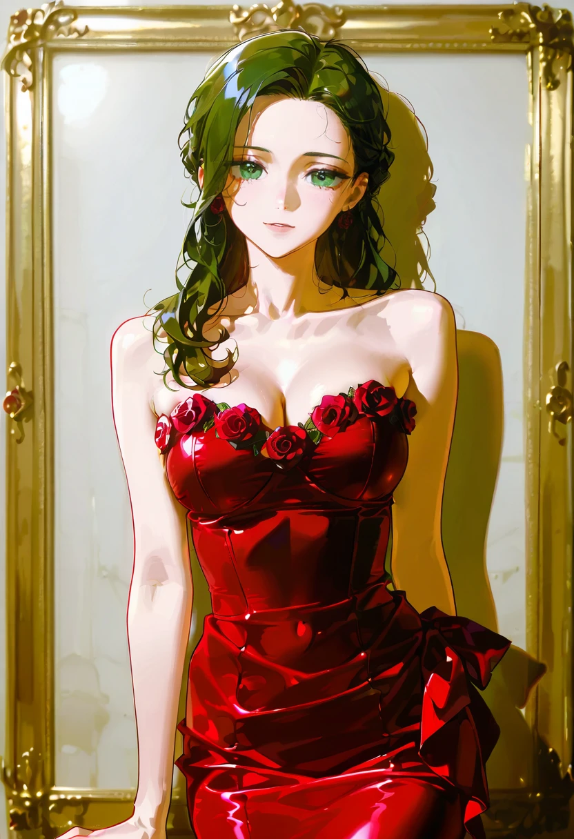 1girl,solo,looking at viewer, echo (circa), wrc dress, bare shoulders, rose, red dress, yamagishi_fuuka