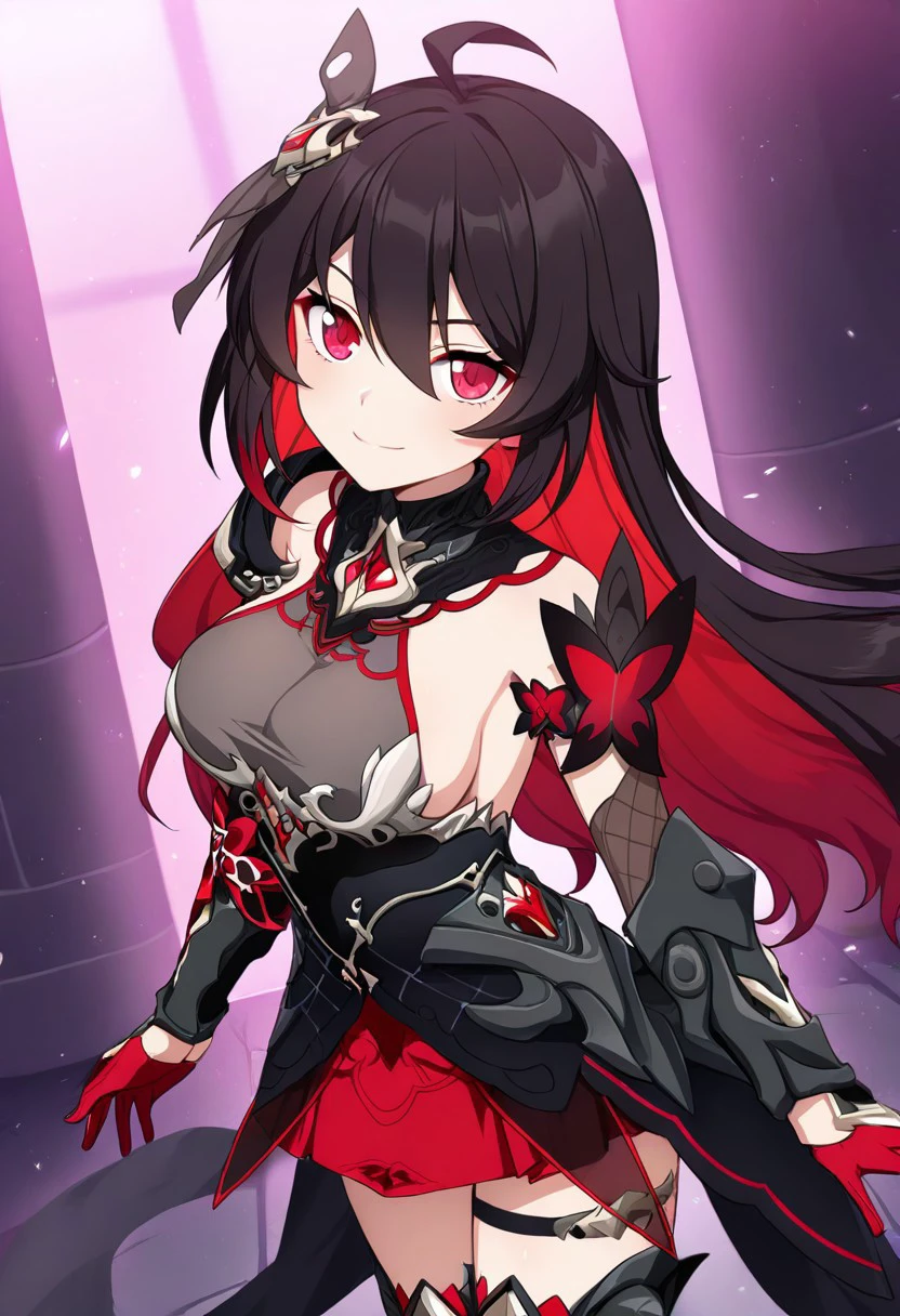 High quality, best quality, masterpiece, anime, newest,1girl, solo, SeeleVelionaNyx, red eyes, black and red hair, two-tone hair, multicolored hair, colored inner hair, long hair, hair between eyes, ahoge, hair ornament, sleeveless shirt, bare shoulders, collar, necklace, red gems, gold underbust, gray top, sideboobs, black corset, red skirt, miniskirt, gunmetal and gold thigh boots, red gloves, thighstrap, gauntlets, butterfly decorations, coattails, bare shoulders, smiling, standing,