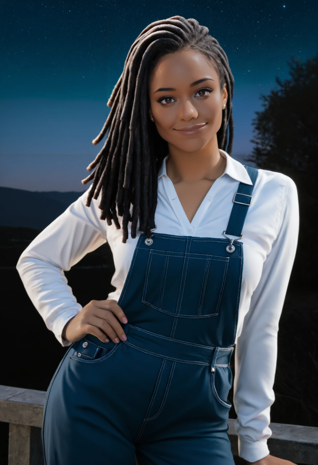 masterpiece, best quality, newest, absurdres, highres, realistic, photorealistic, dark, night, star \(sky\), outdoors, looking at viewer, closed mouth, smile, 1girl, solo, kiiraanooir, black hair, long hair, dreadlocks, brown eyes, dark-skinned female, blue overalls, white shirt, long sleeves
<lora:kira noir noob 1.1:1>