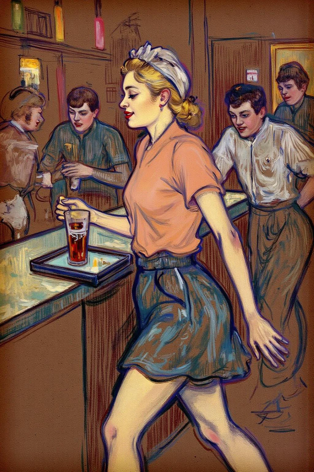 lautrec1 painting
The air buzzes with the energy of a busy bar, a mix of music, conversation, and the clinking of glasses. A barmaid, the embodiment of youthful vibrancy, navigates the lively scene. She wears a peach-coloured T-shirt, the soft fabric contrasting with the smooth, cold glass of coke she carries on a small tablet. Her short skirt adds a playful touch, and a backwards baseball cap hints at a carefree attitude. The setting and atmosphere are palpable: the warm, slightly sticky surface of the bar counter under her fingertips, the dim, colourful lighting that casts playful shadows. Sensory details are abundant: the condensation forming on the glass of coke, the texture of her denim skirt, and the way the bar lights catch the highlights in her hair. Her confident stride, her quick smile, and her efficient movements. Stylistically, the image draws inspiration from the vibrant, candid shots of nightlife photographers, with a touch of the stylized realism found in contemporary illustration. There's a deliberate contrast between the barmaid's youthful energy and the slightly worn, lived-in atmosphere of the bar, creating a dynamic and engaging image.  <lora:lautrec3_cap_d6a3e11:1.0><lora:812914039559665826:0>