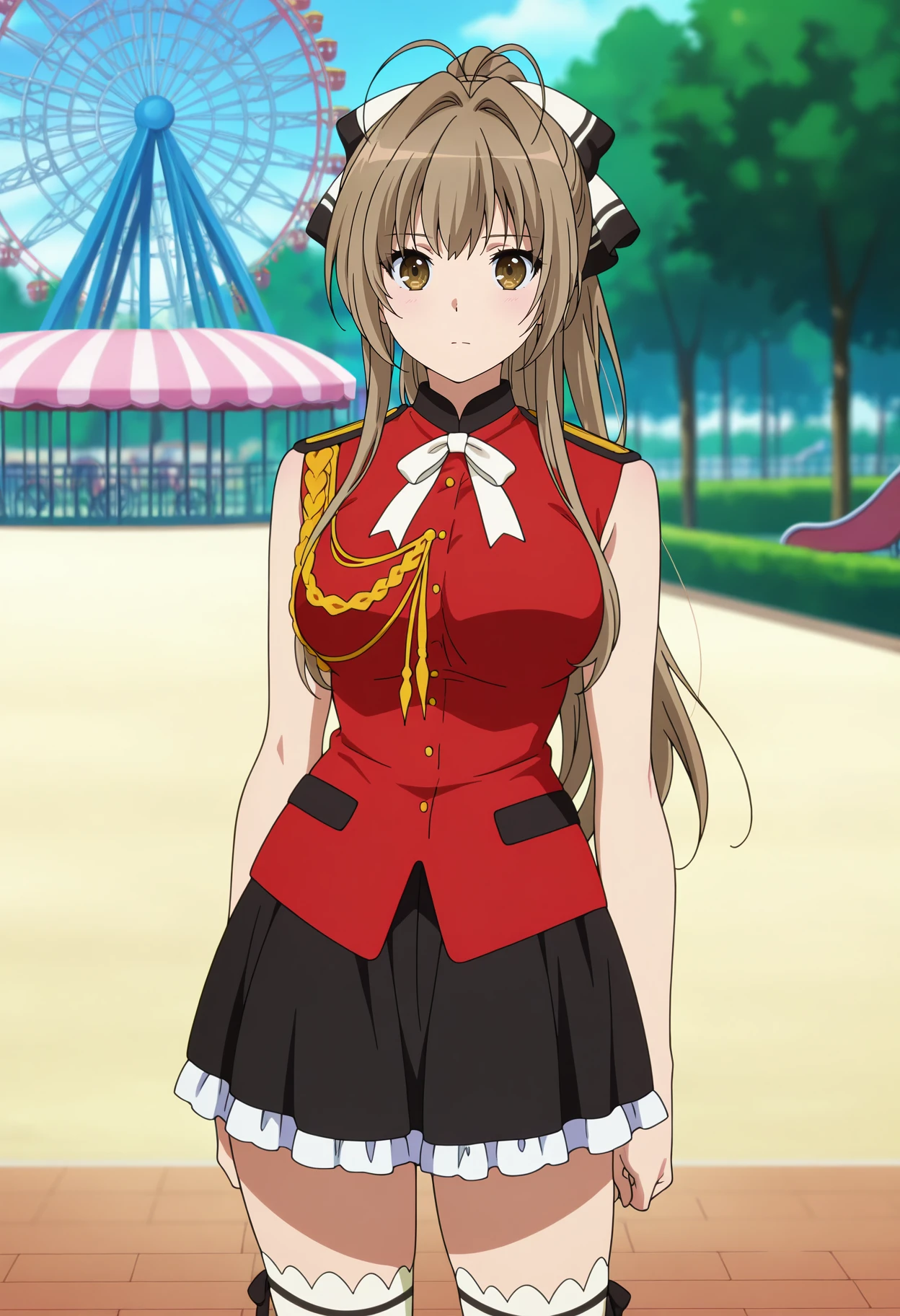 anime screencap, masterpiece, best quality,
<lora:AmagiBrilliantPark_SentoIsuzu_IlluXL:0.9>,
1girl, solo, closed mouth,
long hair, ponytail, brown hair, antenna hair, hair intakes, brown eyes, hair bow,
SentoShirt, sleeveless shirt, red shirt, epaulettes, aiguillette, neck ribbon, white ribbon, multicolored skirt, frilled skirt, black skirt, white thighhighs,
arms at sides, standing, looking at viewer, cowboy shot,
blurry background, outdoors, amusement park, ferris wheel, day