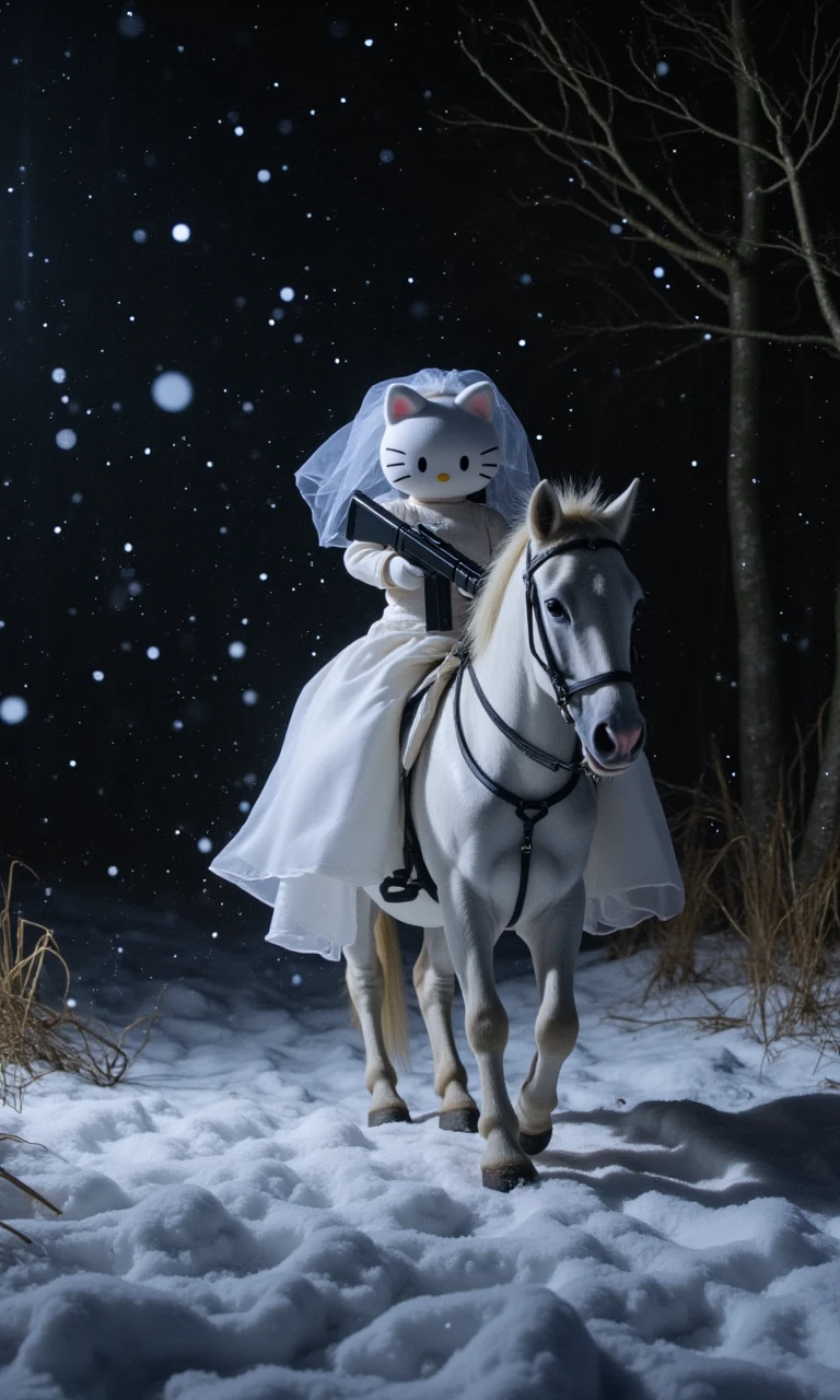 photo-fen, polaroid style, film grain
A mid-shot photo shows a hello kitty riding a white horse and running in the forest. holding a submachine gun, wearing a white wedding dress with a wide skirt and a white veil hat on her head. It's an outdoor setting. at night, in the forest, in the winter, the surrounding trees are bare with dry branches. Snowflakes are falling from the sky and the ground is covered with hay and fallen leaves under the heavy snow, creating a serene yet somewhat somber atmosphere.