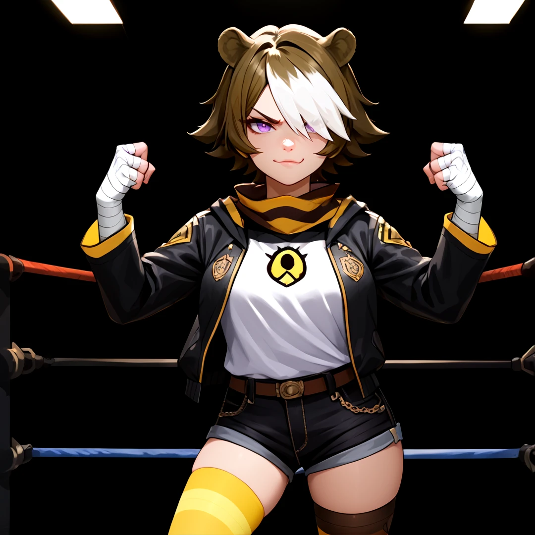 Masterpiece, high quality, score_9, score_8_up, score_7_up, highly detailed, 1girl, underground arena, boxing ring, standing, (fighting stance:0.8), hands up, clenched hands, smug, serious, akbeehunter, bear ears, brown hair, white hair purple eyes, short hair, multicolored hair, hair over one eye, black jacket, short shorts, boots, yellow single thighigh, long sleeves, bandaged hand, striped, <lora:Arknights_Beehunter_PONY_XL:0.8>