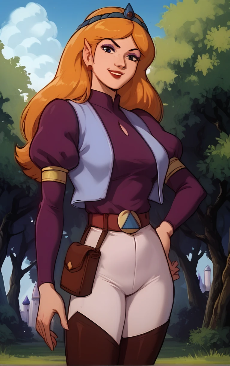 1girl, z3ld4standard, <lora:Zelda1989_-_Cartoon:0.9>, blue tiara, purple blouse vest, pink pants, brown thighhighs, gold arm cuffs, belt pouch, red earrings, brown belt, makeup, eyeshadow, red lips, large breasts, hand on hip, looking at viewer, sexy pose, smile, outdoors scene, trees, blue sky, castle in distance, <lora:PONYXL_LewisArt_ownwaifu:0.7>, score_9, score_8_up, score_7_up, score_6_up, score_5_up, score_4_up,