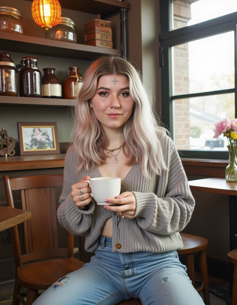 A young woman sitting in an old-fashioned café, wearing casual clothing such as a cozy sweater and jeans. She is holding a cup of coffee, with a serene expression as sunlight streams through large vintage windows. The café has a warm and rustic ambiance, with wooden furniture, antique decorations, and shelves filled with books and jars. The scene feels peaceful and timeless, with soft lighting enhancing the charm of the setting