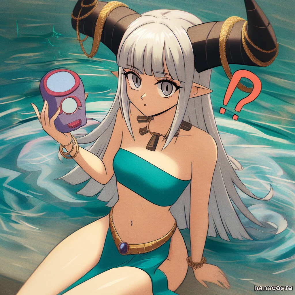Waterfalls High level image quality best image quality 8K adult woman background a lake in the middle of jungle outside more colors whole body view portrait wearing deep pink bikini pink horn ears short hair((shortcut)(gray hair)(perm)(fluffy)) eye color is blue , , attractive evil face , smile , sexy pose , labrynth , barearm , both arms over waist , wearing pink , crossed legs , lying on her back