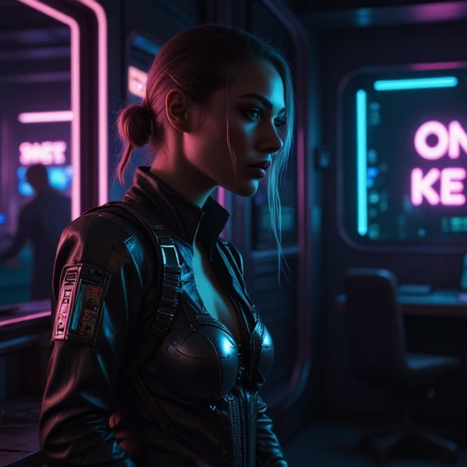 with a low, adorned with various patches and straps, sci-fi aesthetic., with neon lights casting a mesmerizing, futuristic arcade or gaming parlor. The scene is bathed in a neon-lit atmosphere with a predominantly dark color scheme dominated by deep blues, CGI-rendered digital artwork featuring a young woman with a lean, featuring neon lights spelling out "ONOKKEY" in bright, a pointed chin, adding to the futuristic aesthetic., featuring sleek