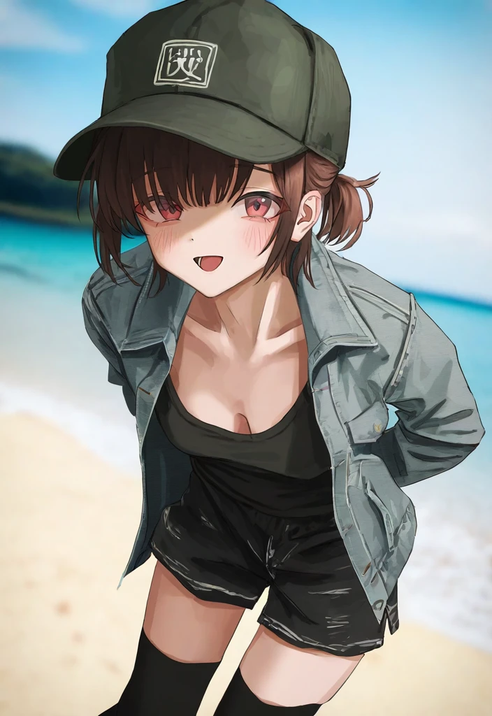 1girl,
GSHKI, red eyes, brown hair, short hair, arms behind back, green baseball cap, black shirt, grey jacket, black shorts, sunny, beach, blurred background, smile, dutch angle, collarbone, standing, ponytail, hat, black headwear, thighhighs, jacket, solo, long sleeves, day, :d, outdoors, baseball cap, looking at viewer, cleavage, shorts, open mouth, breasts, alternate costume, shirt, photo background, medium breasts,
masterpiece, best quality, very aesthetic, newest, absurdres
<lora:Rae-1.0:1> <lora:Gshiki:1>