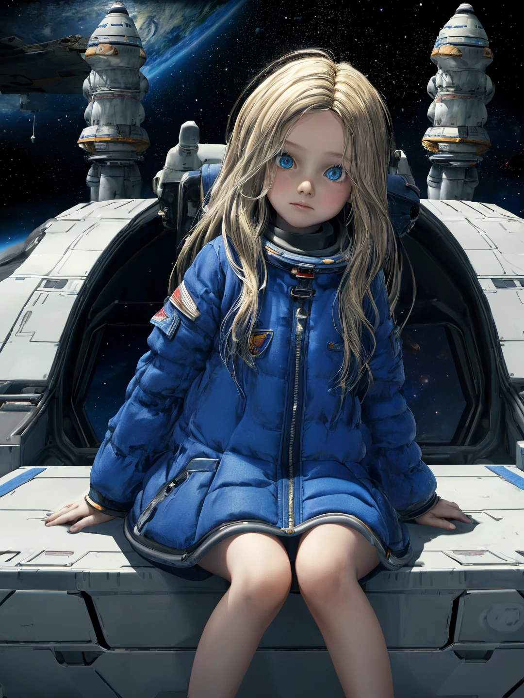 <lora:Diana_Pragmata_0R:0.7>, <lora:CC_Detail_Tweaker_1:0.5>
(photograph of a blonde hair little girl dianapragmata), blue eyes, detailed eyes, slim, petite, child, blue coat
solo focus, absurdres, (detailed skin:1.4), beautiful, (facing camera:1.2), (looking at camera), (cowboy shot:1.4), (facing viewer:1.2), sitting, on floor
(indoors, science fiction, future, spacecraft, space station, space)