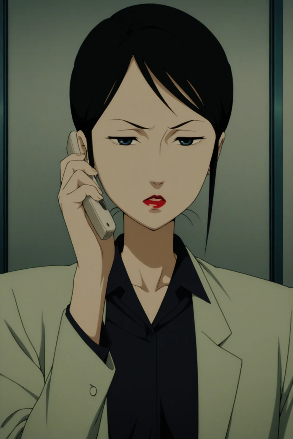 AtsukoChiba, 1girl, solo, blue eyes, phone, lipstick, black hair, talking on phone, cellphone, suit, collared shirt,looking_at_viewer,frown,,parted_lips, indoors, anime coloring,masterpiece, best quality, 