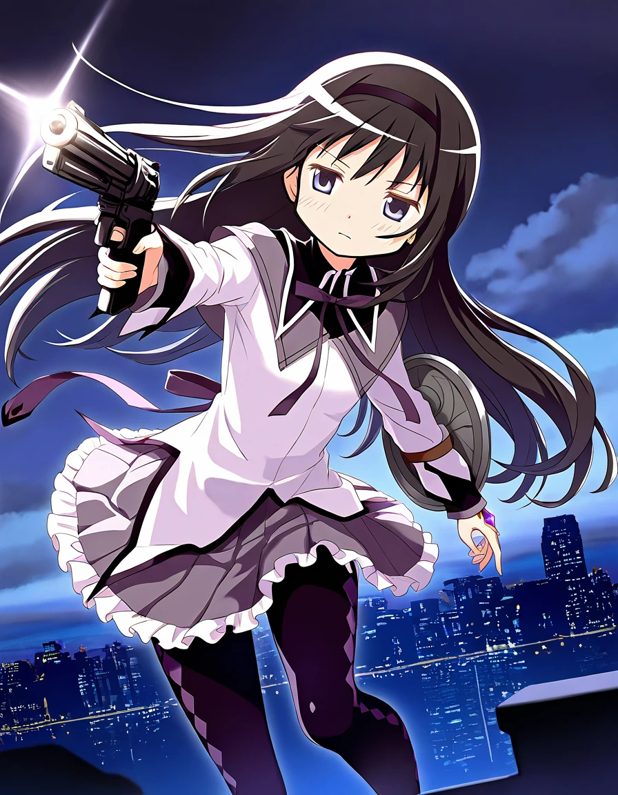 masterpiece, best quality, newest, absurdres, highres, safe, 1girl, akemi homura, magia record: mahou shoujo madoka magica gaiden, solo, holding gun, shield, aiming, night, city, cloudy sky, dutch angle, <lora:20241226152250_akemi_homura_noobaiXLNAIXL_vPred10Version:0.7>