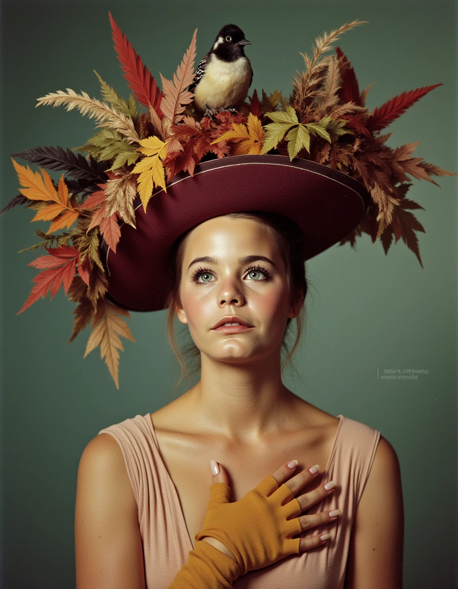 young woman posing for a funny portrait wearing a giant ridiculous hat with feathers and leaves and birds <lora:susan-dey-flux:1.1>