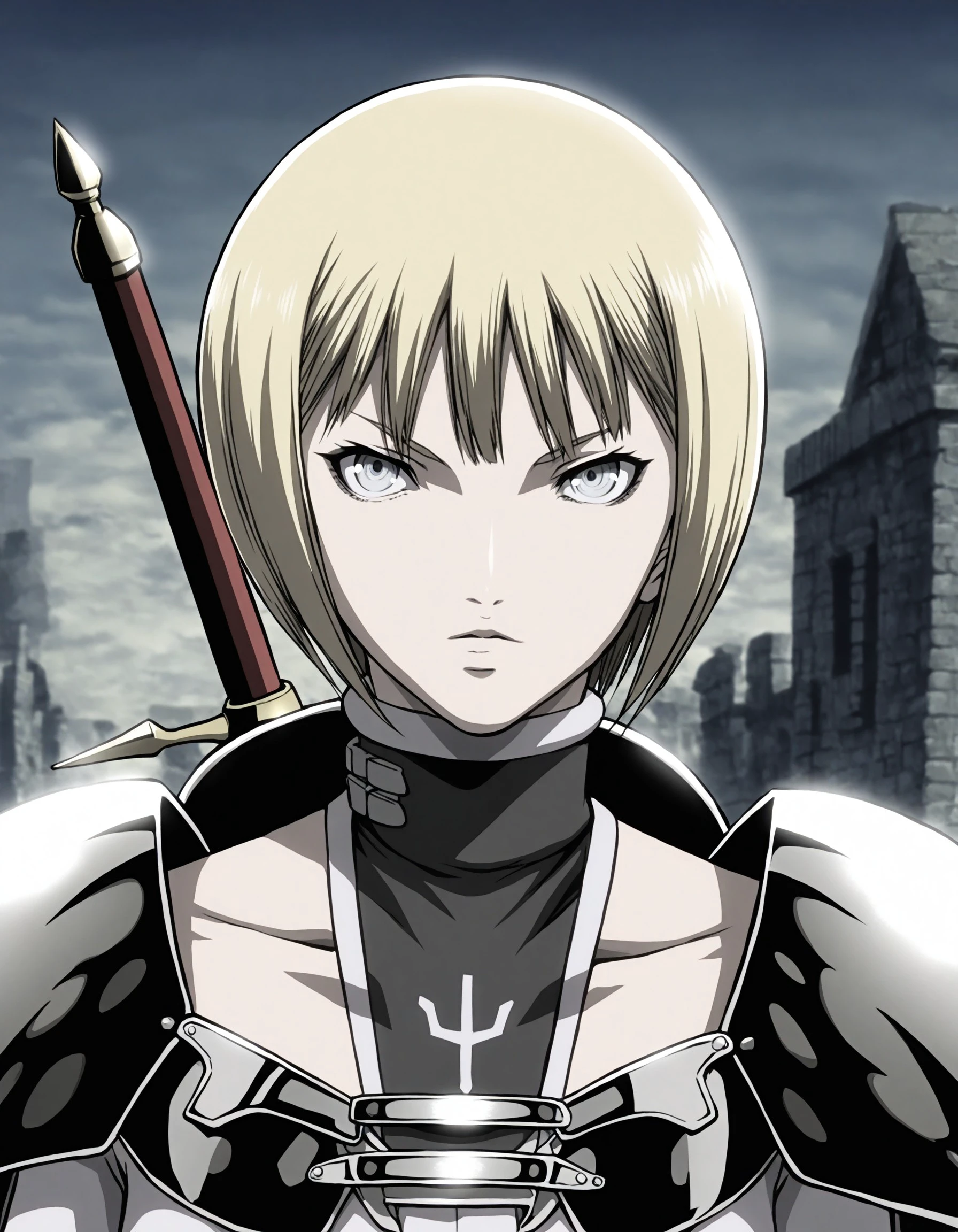 Close-up, Solo, Clare, Short hair, Blonde hair, grey eyes, Blunt bangs, White bodysuit, Pauldrons, Cape, white gloves, cuffs, Lower armour, collarbone, (insignia), sword on back, serious, stone buildings, smoke, mist, cloudy, fantasy city, moonlighting, detailed background, night, looking at viewer, best quality, masterpiece