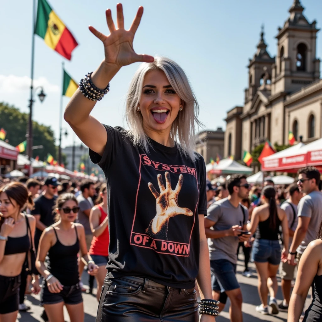 A Mexican woman with radiant features, wearing a System Of A Down t-shirt, stands in the heart of a midday concert at a bustling zócalo, waving and sticking her tongue out. The bright sunlight illuminates the vibrant scene, casting sharp shadows and highlighting the energy of the crowd.  She's wearing a leather small skirt and spiked bracelets, heavy face makeup, her hair is dyed silvery blond. The shot is framed wide, capturing her in a lively pose, arms raised, surrounded by cheering festival-goers and colorful decorations. The historic architecture of the zócalo forms a striking backdrop, with flags and banners fluttering in the breeze. The composition emphasizes her as the central figure, immersed in the electrifying atmosphere of the concert.,sodhand