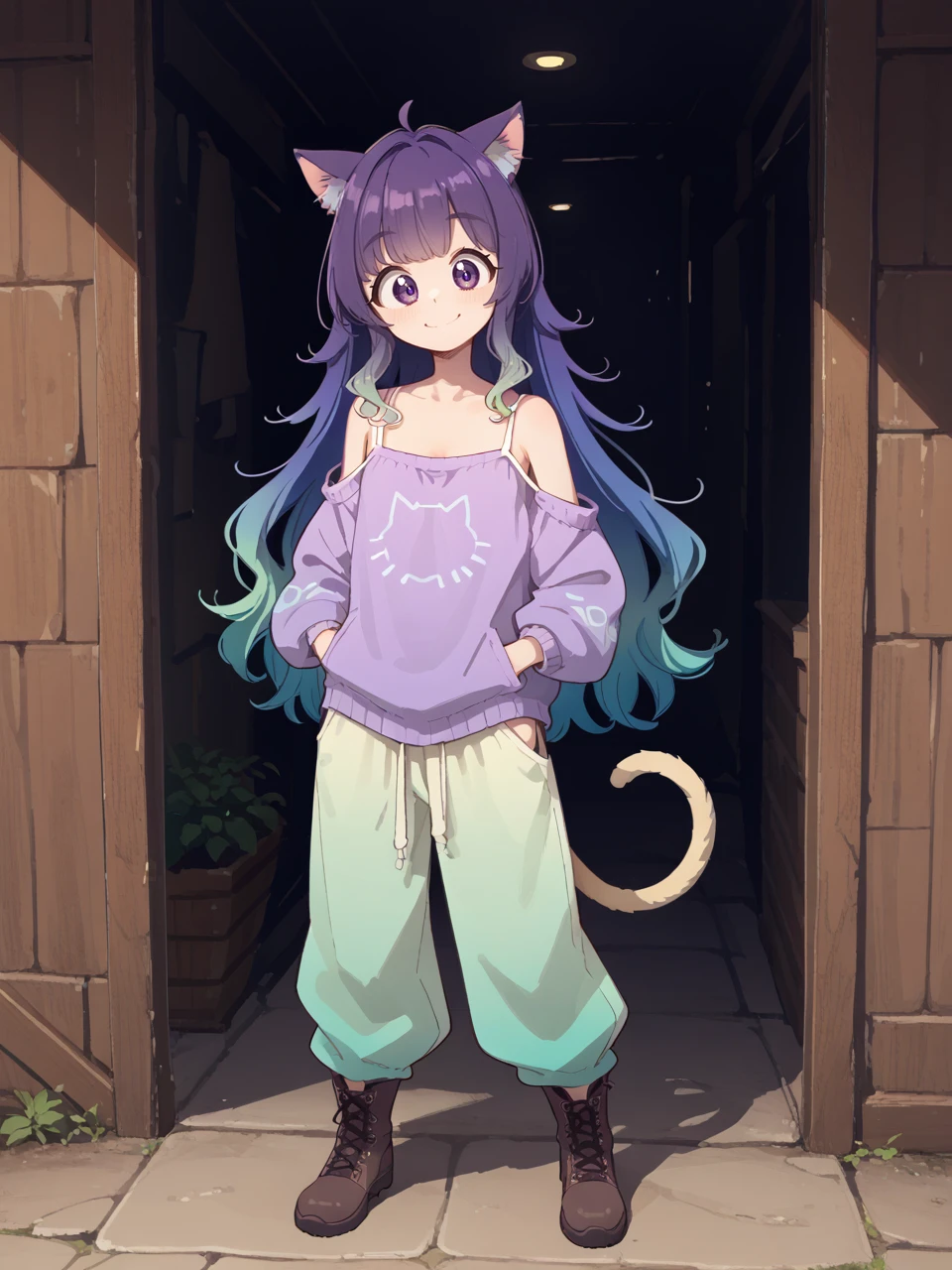 score_9, score_8_up, score_7_up,best quality, hrgm, lineart, baggy pants, cat ears, wide-eyed, gradient hair, purple eyes, very long hair, camisole, closeup, looking at viewer, sweater, boots, smile, hand in pocket, posing, :P,
 <lora:HRGM_PonyXL_Style:1>