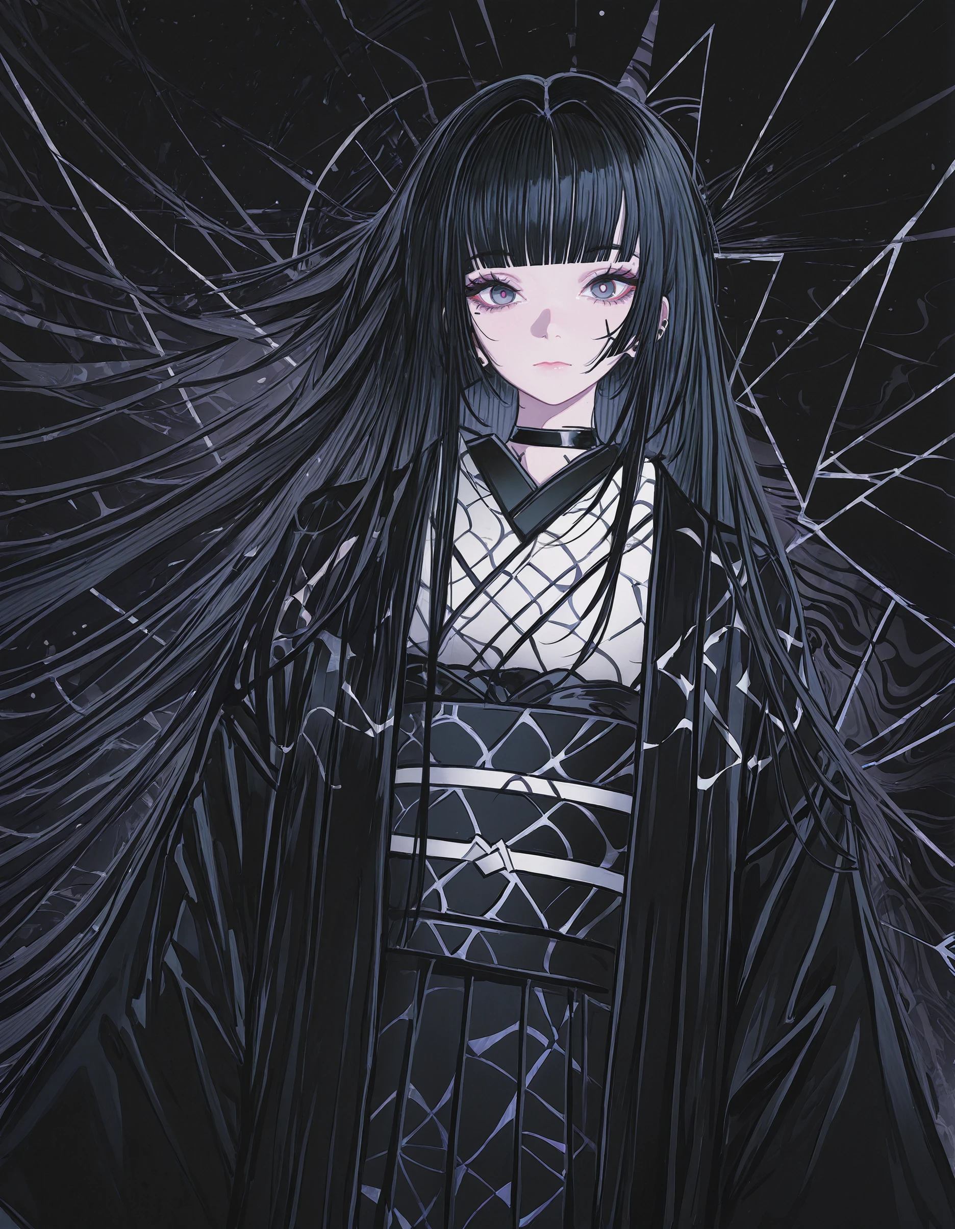 best_quality,masterpiece,   <lora:kafka02_illu:1>,kafka02_illu, 1girl, solo, black hair, bangs, looking at viewer, long hair, black nails, kimono, japanese clothes, nail polish, blunt bangs, closed mouth,abstract, geometric shapes,layer,