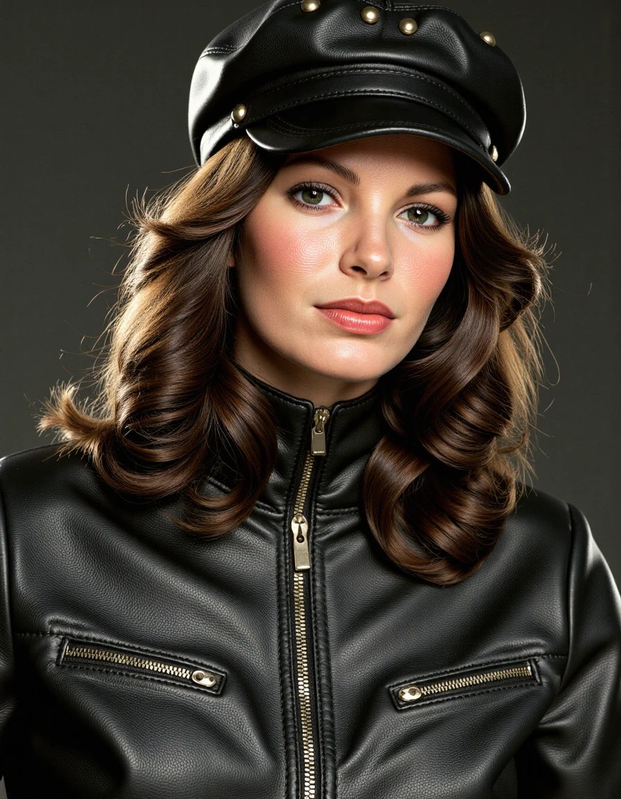 a wavy haired woman in full leather biker gear including a leather studded cap  <lora:jaclyn-smith-charlie-s-angels-flux:1.1>